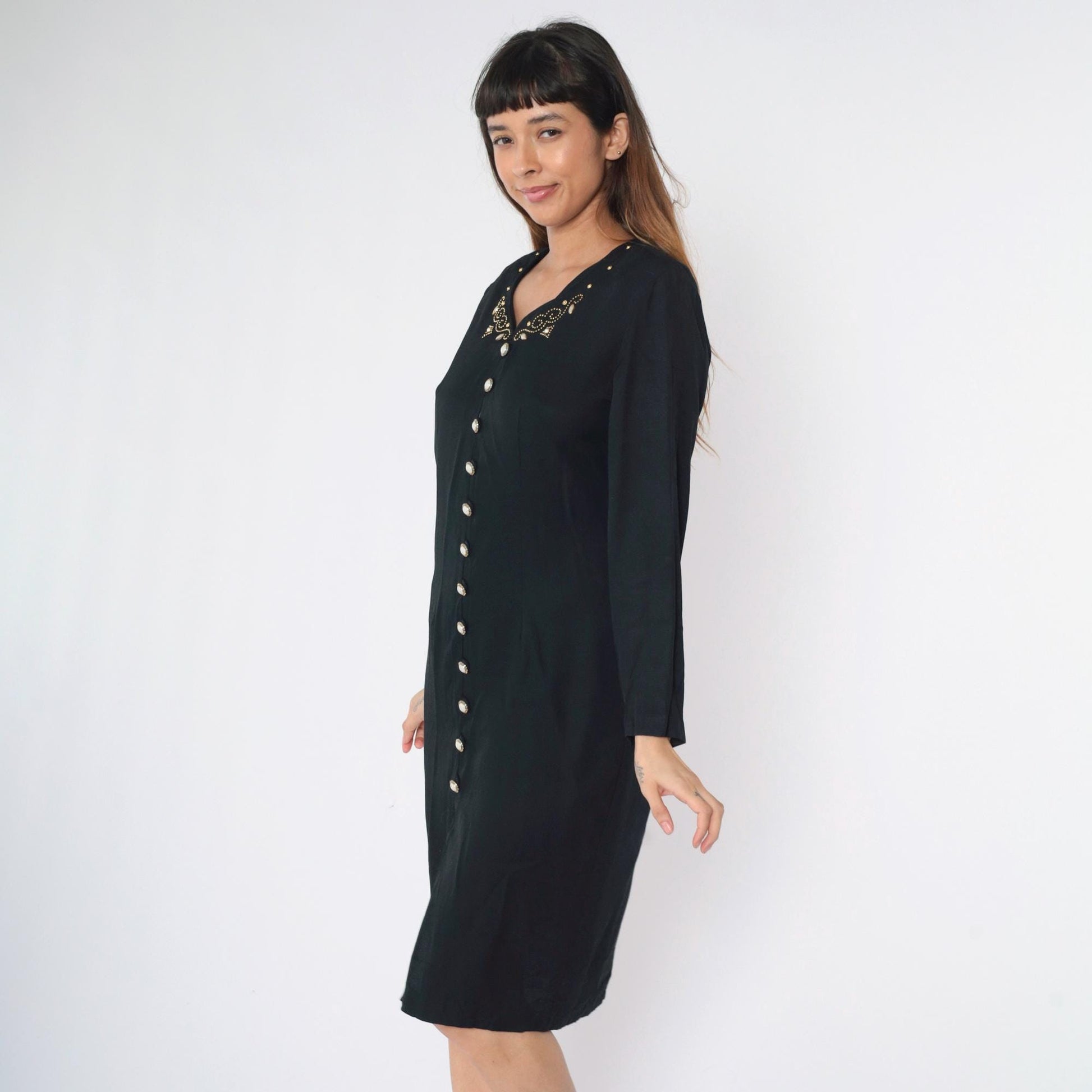 90s Black Beaded Sheath Dress Gold Studs Long Sleeve Button Front Midi Medium