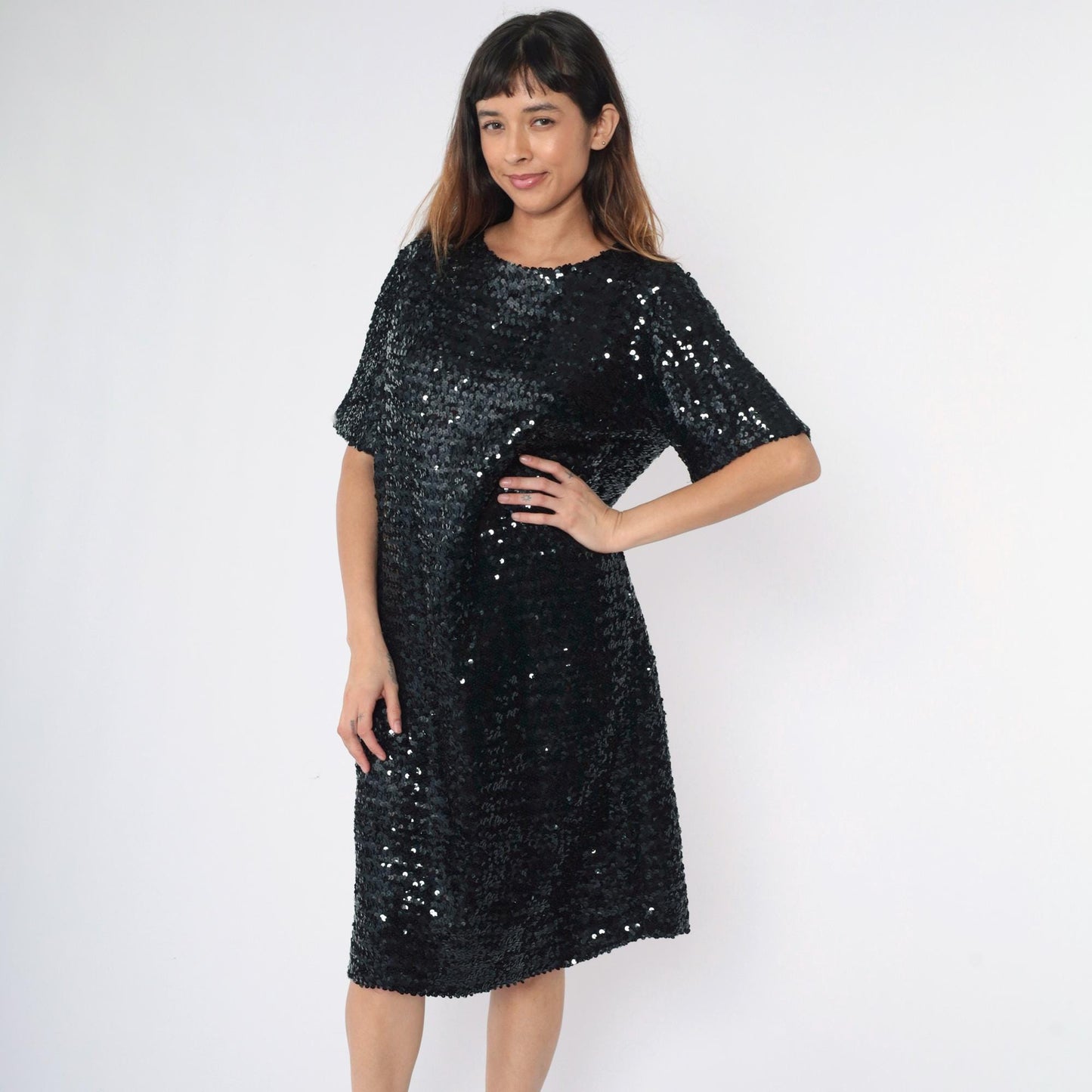 80s Black Sequin Midi Dress Short Sleeve Round Neck Shift Large L