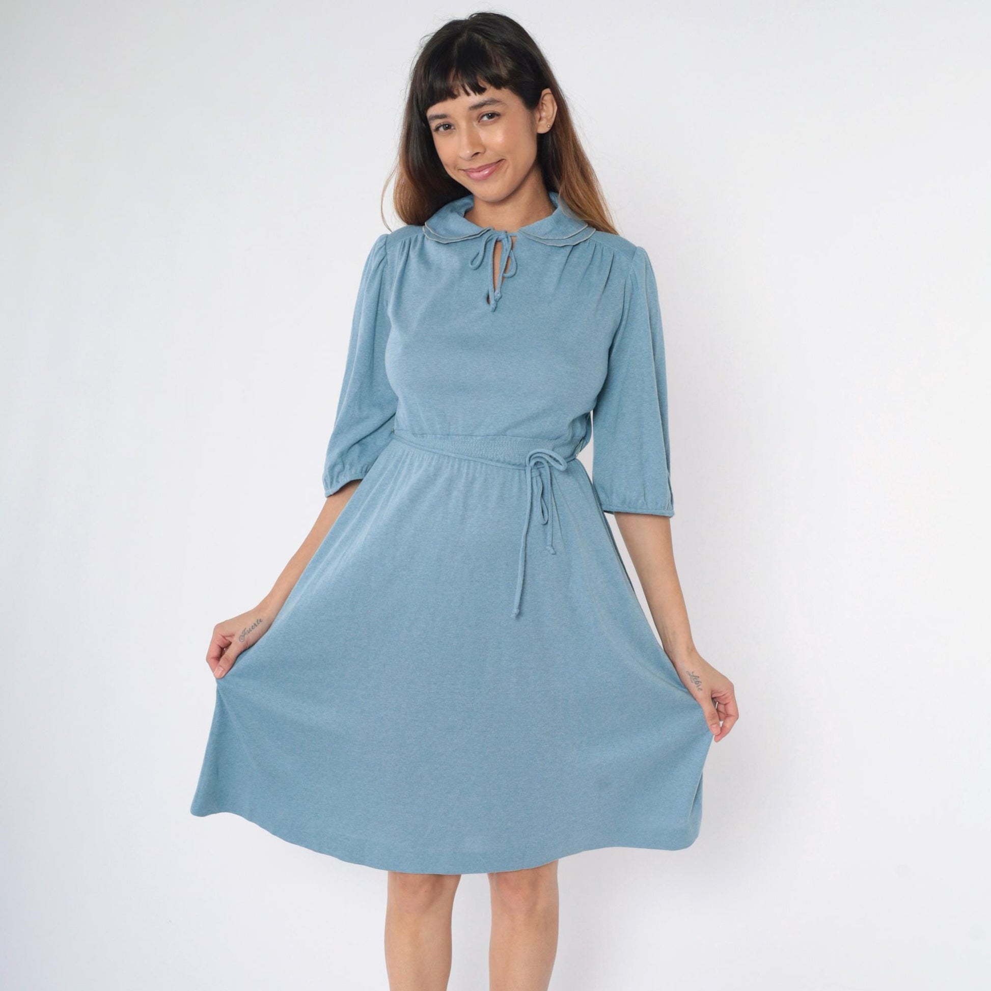 70s Monique Blue Midi Dress Peter Pan Collar Puff Sleeve Smocked Waist Small
