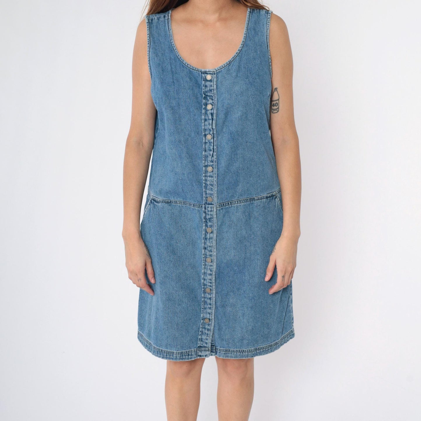 Y2K Blue Denim Jumper Dress Button-Up Sleeveless Knee-Length Large 12