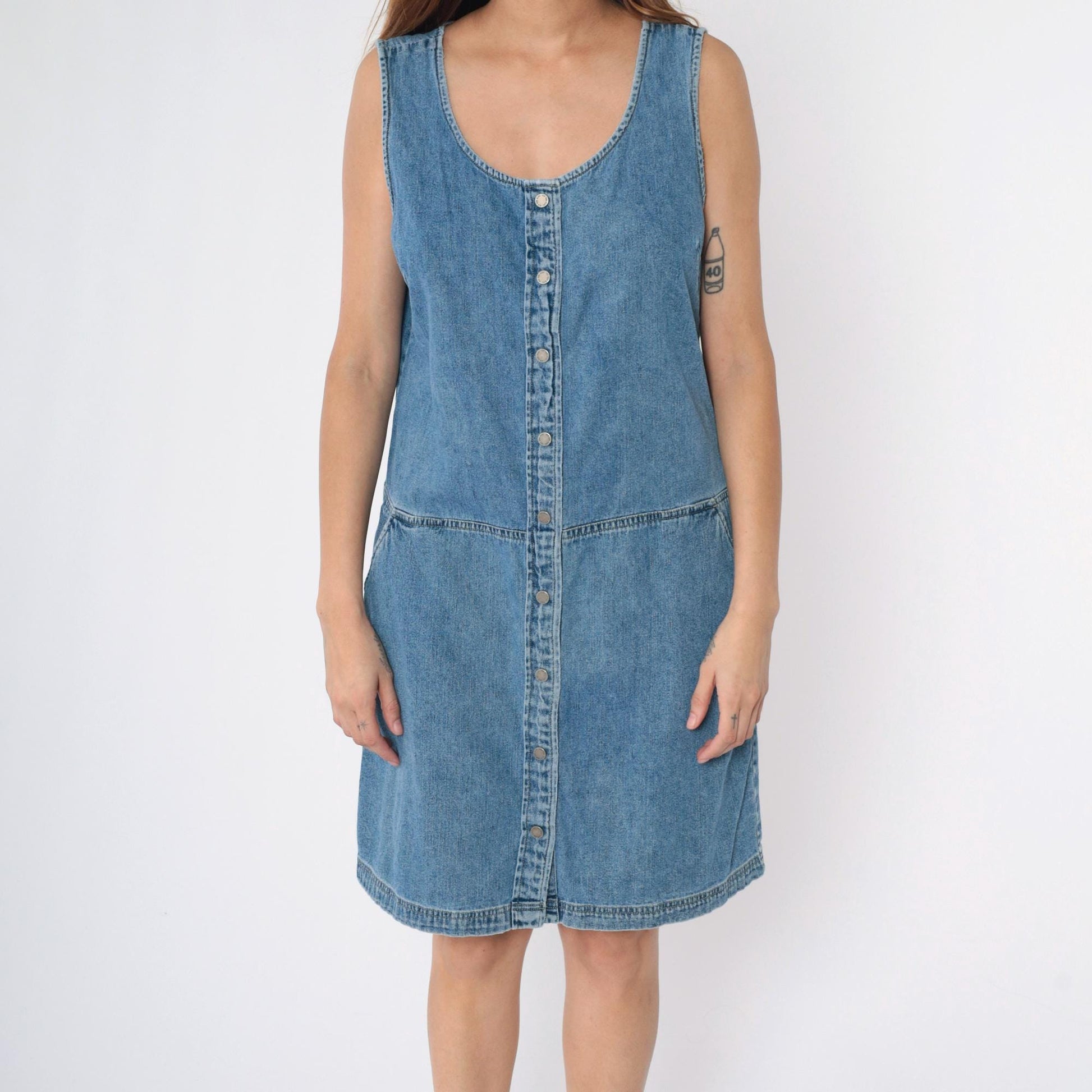 Y2K Blue Denim Jumper Dress Button-Up Sleeveless Knee-Length Large 12