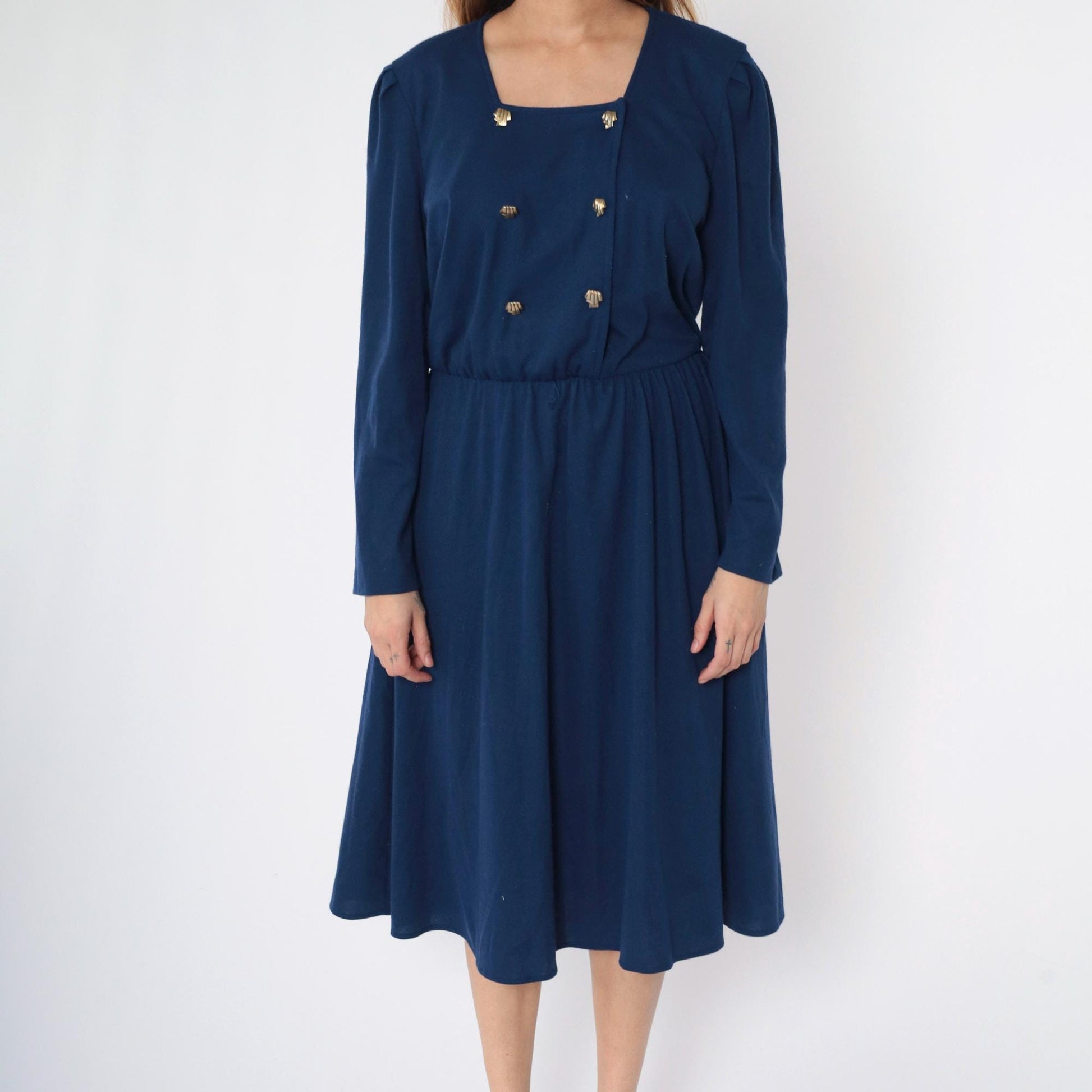 80s Tabby of California Navy Double Breasted Midi Shirtdress Puff Sleeve Medium Large