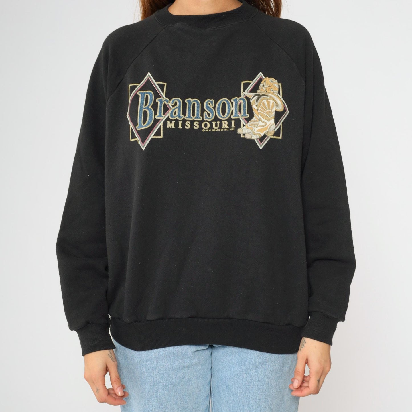 90s Branson Missouri Cowboy Boot Graphic Sweatshirt Black Crewneck Large L