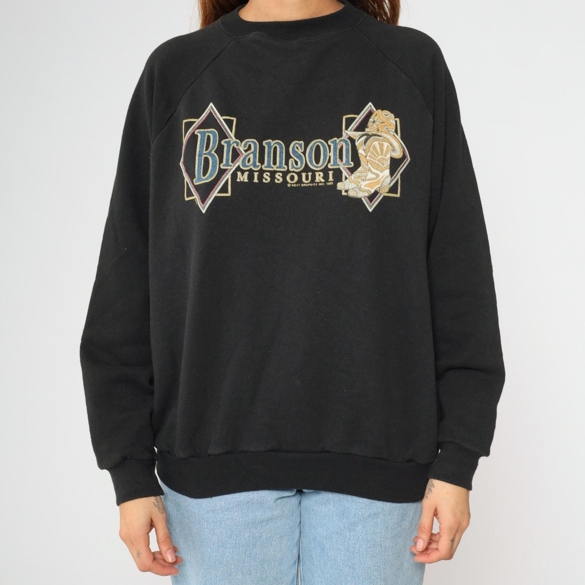 90s Branson Missouri Cowboy Boot Graphic Sweatshirt Black Crewneck Large L