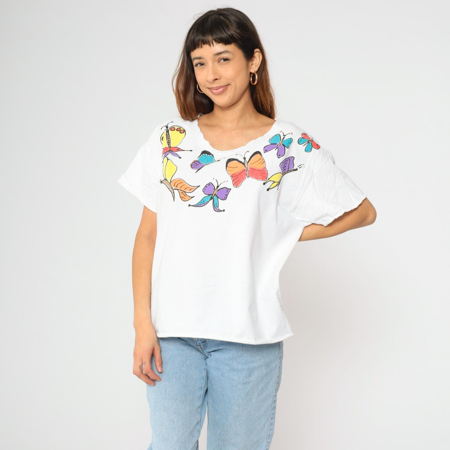 90s White Butterfly Graphic T-Shirt Raw Neckline Scoop Neck Extra Large XL