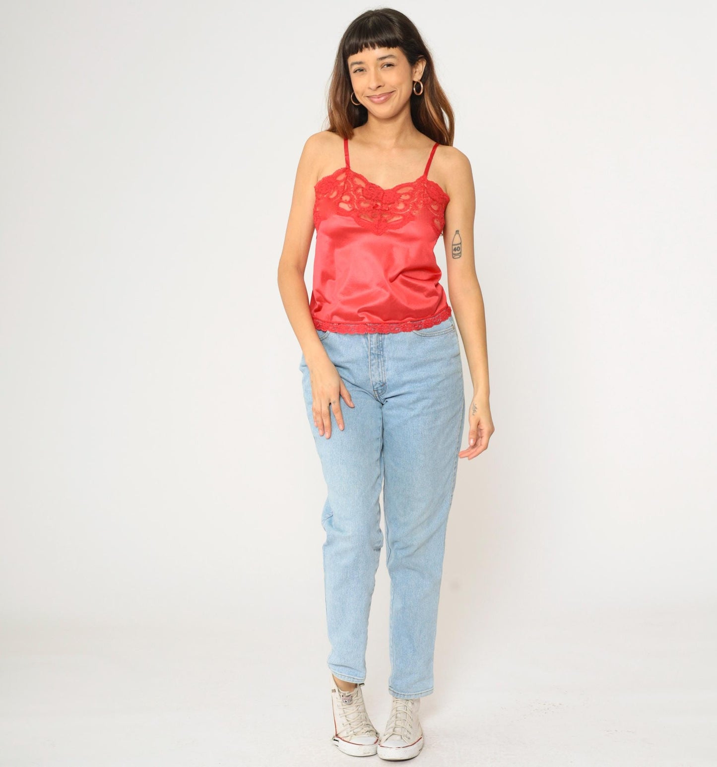 80s Red Satin Camisole Lace Trim Sweetheart Neckline Small S