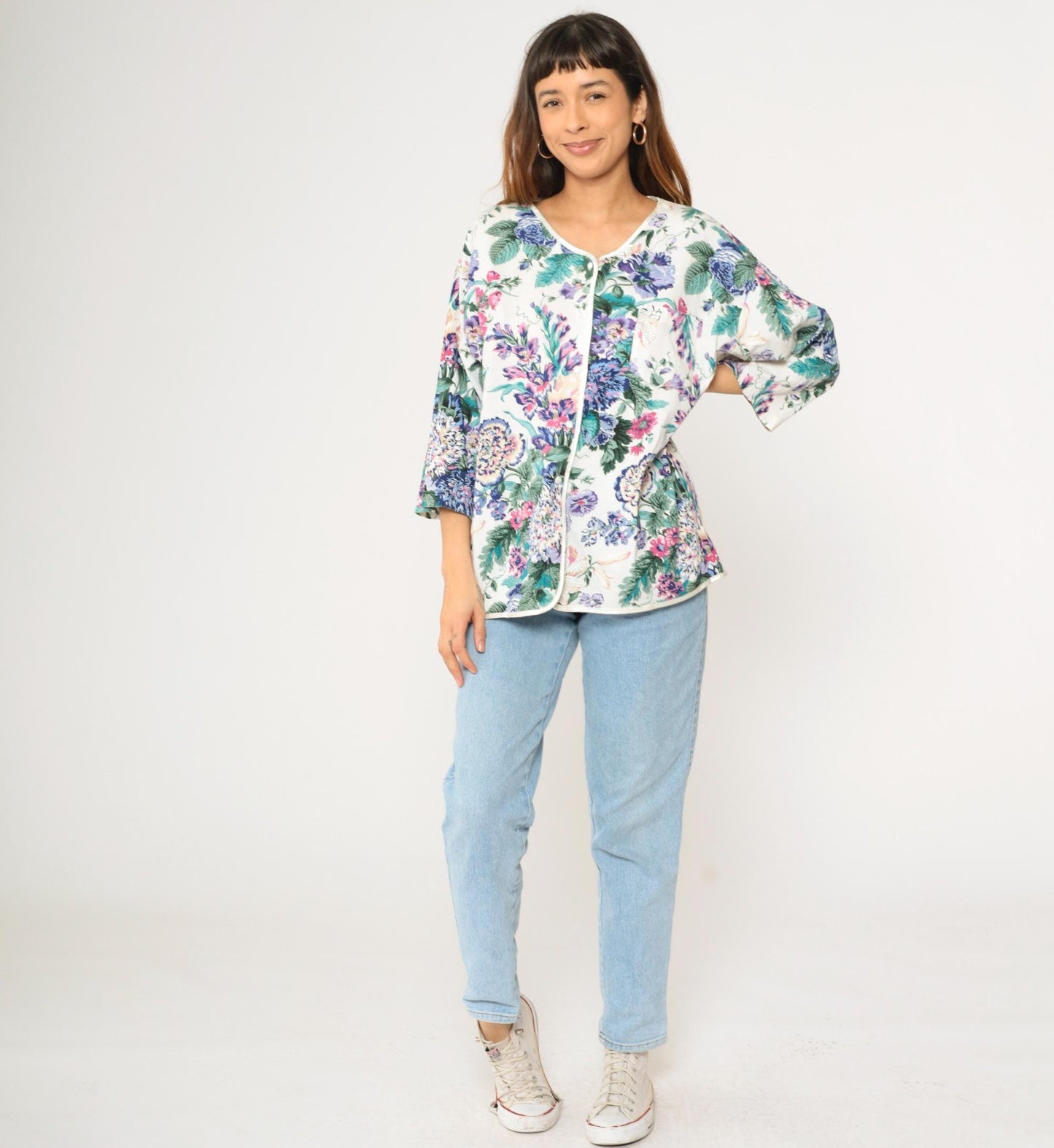 90s Earth Angels Floral Cotton Blouse White Purple Blue Green Piped Trim Large