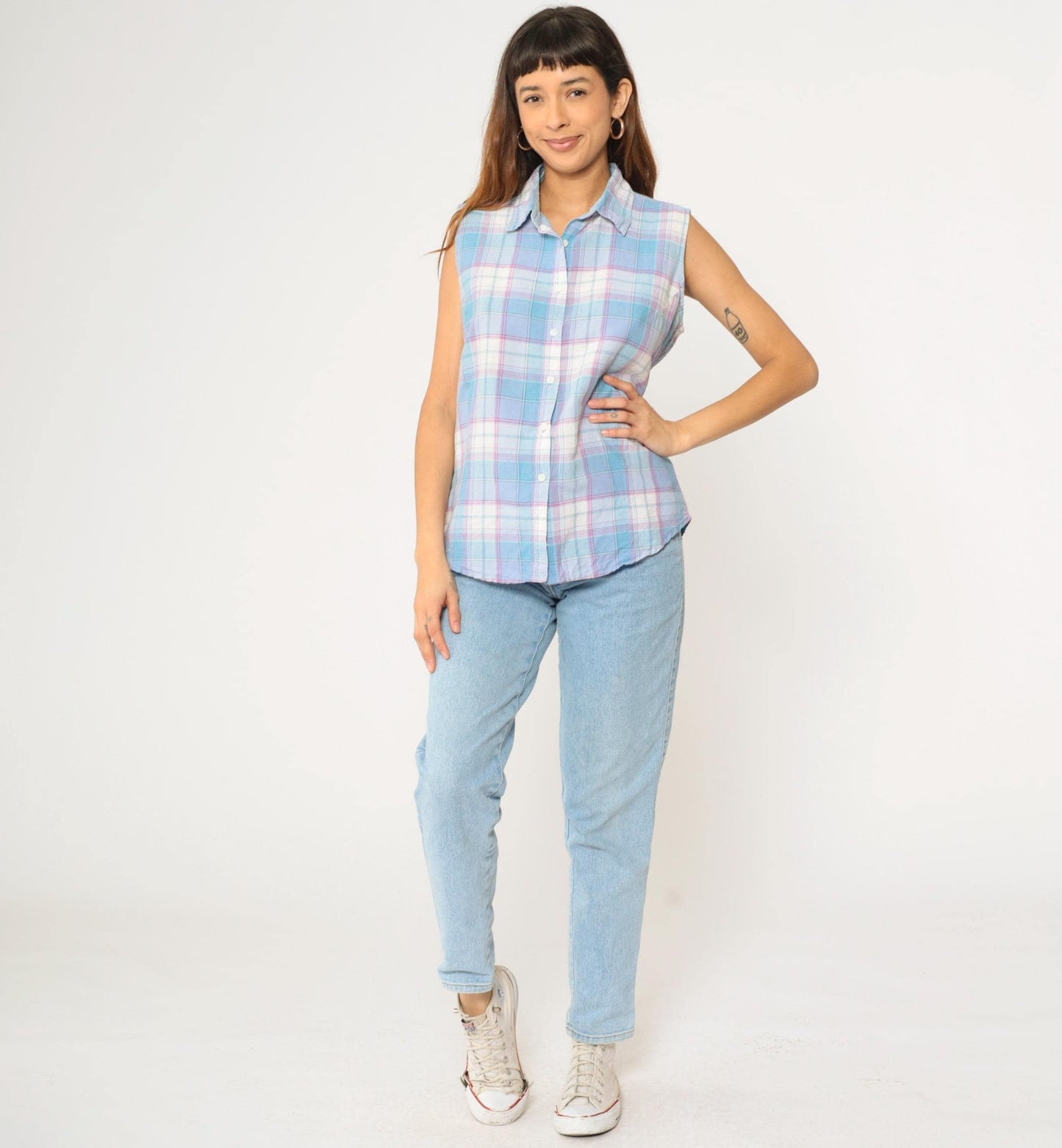90s Wrangler Blues Plaid Sleeveless Blouse Button-Up Tank Blue White Purple Large L