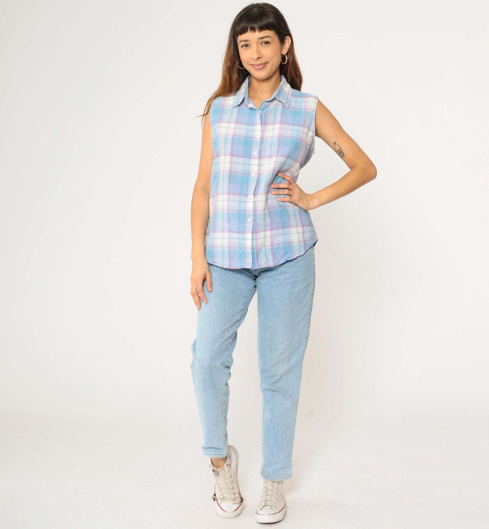 90s Wrangler Blues Plaid Sleeveless Blouse Button-Up Tank Blue White Purple Large L