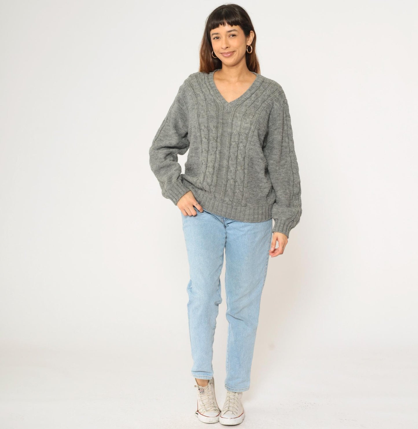 80s Campus Cable Knit V-Neck Sweater Grey Acrylic Pullover Medium M