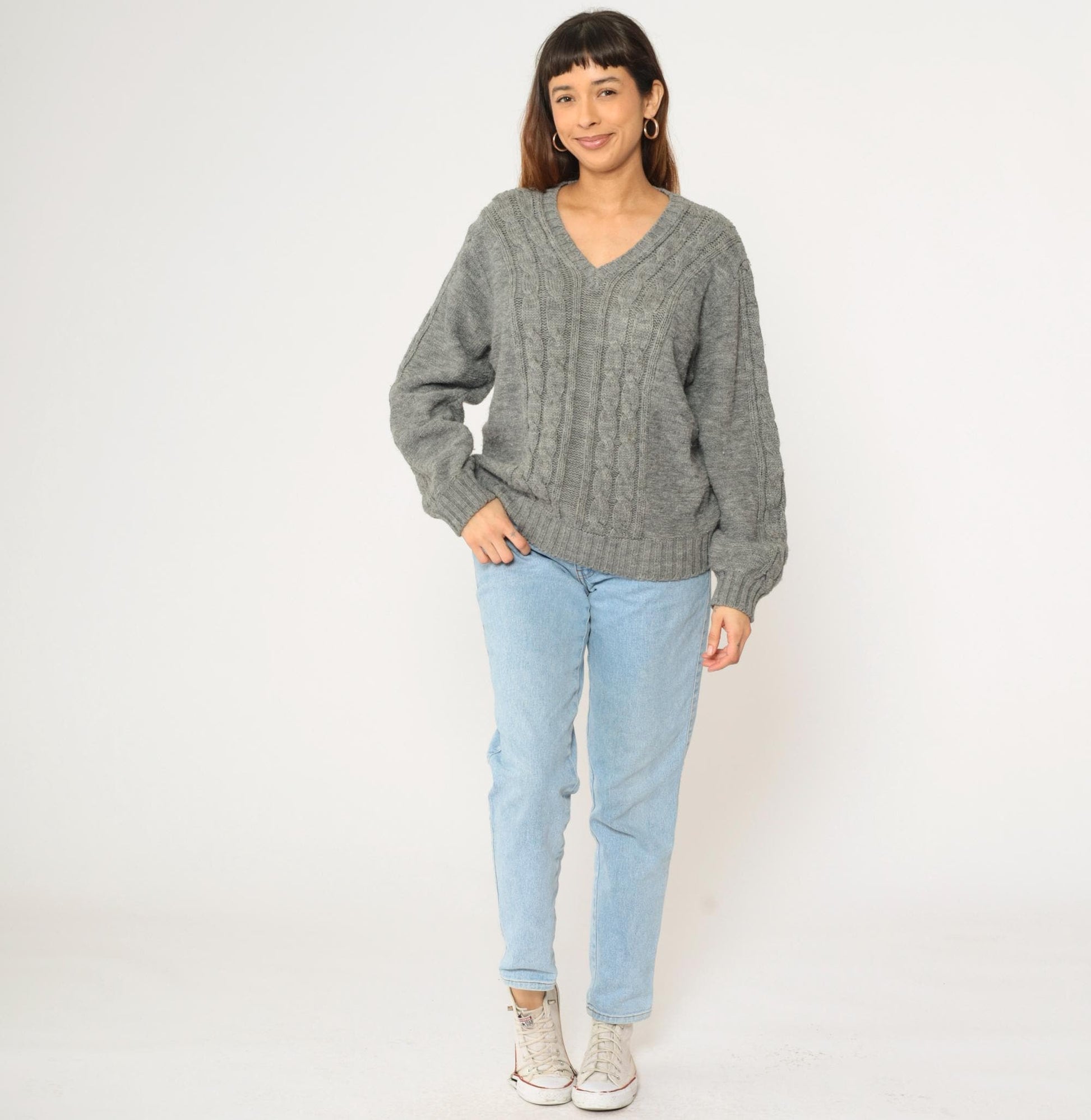 80s Campus Cable Knit V-Neck Sweater Grey Acrylic Pullover Medium M