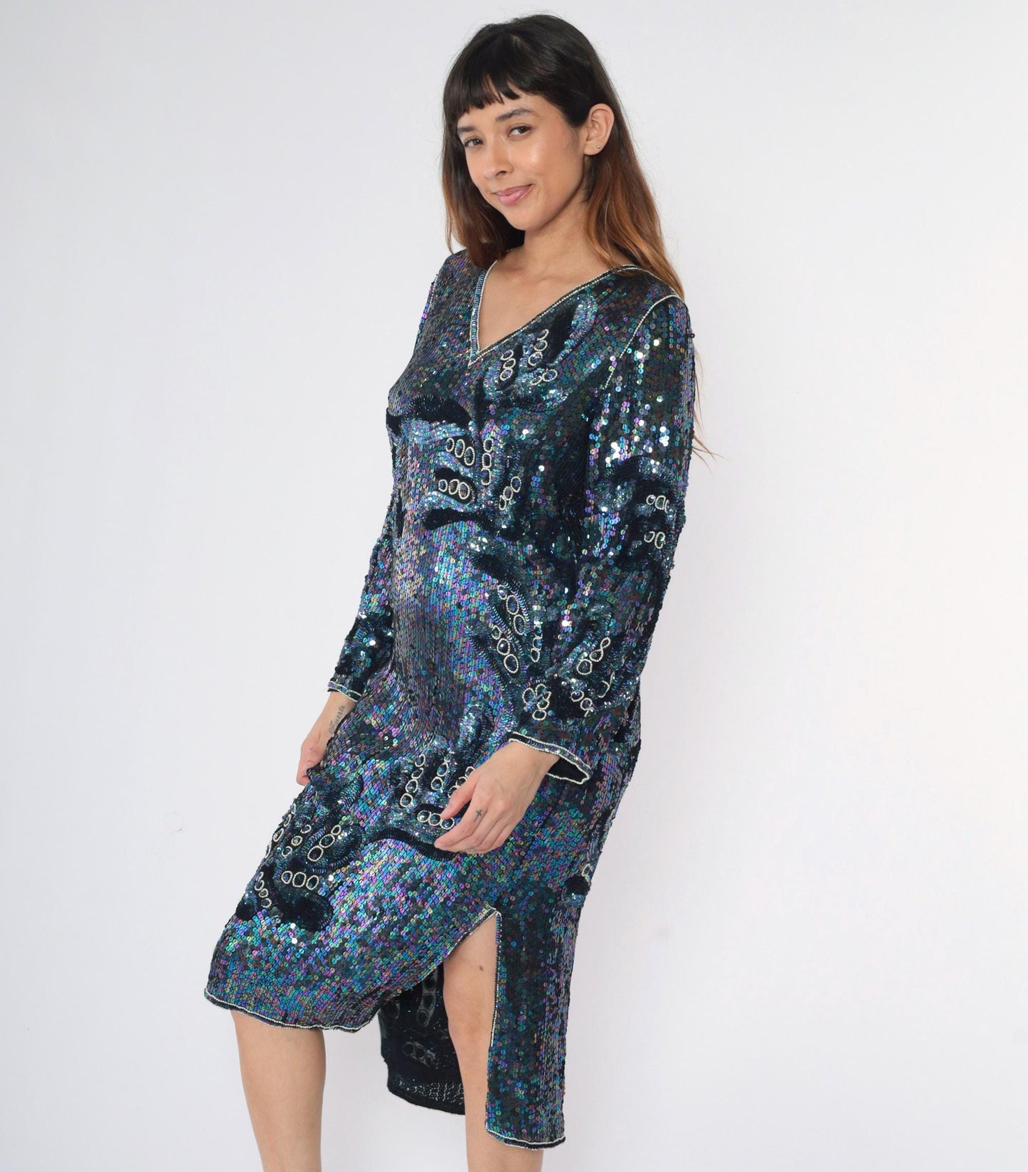 80s Blue Sequin Silk Midi Dress Iridescent Beaded V-Neck Long Sleeve Small