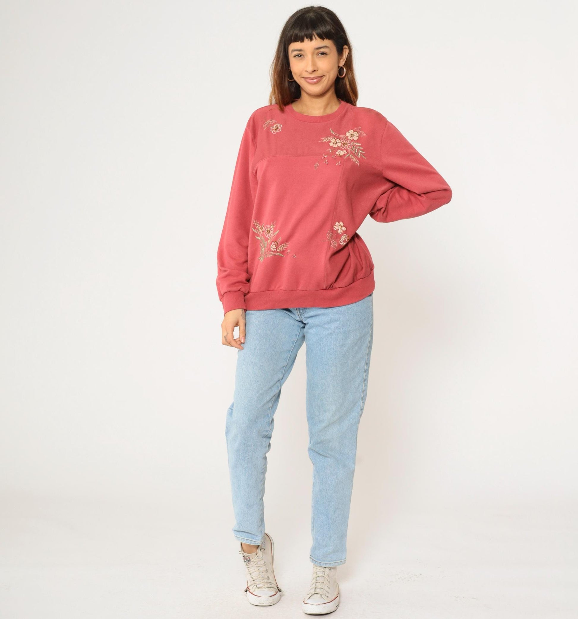 Y2K Alfred Dunner Floral Embroidered Sweatshirt Coral Pink Beaded Crewneck Large L