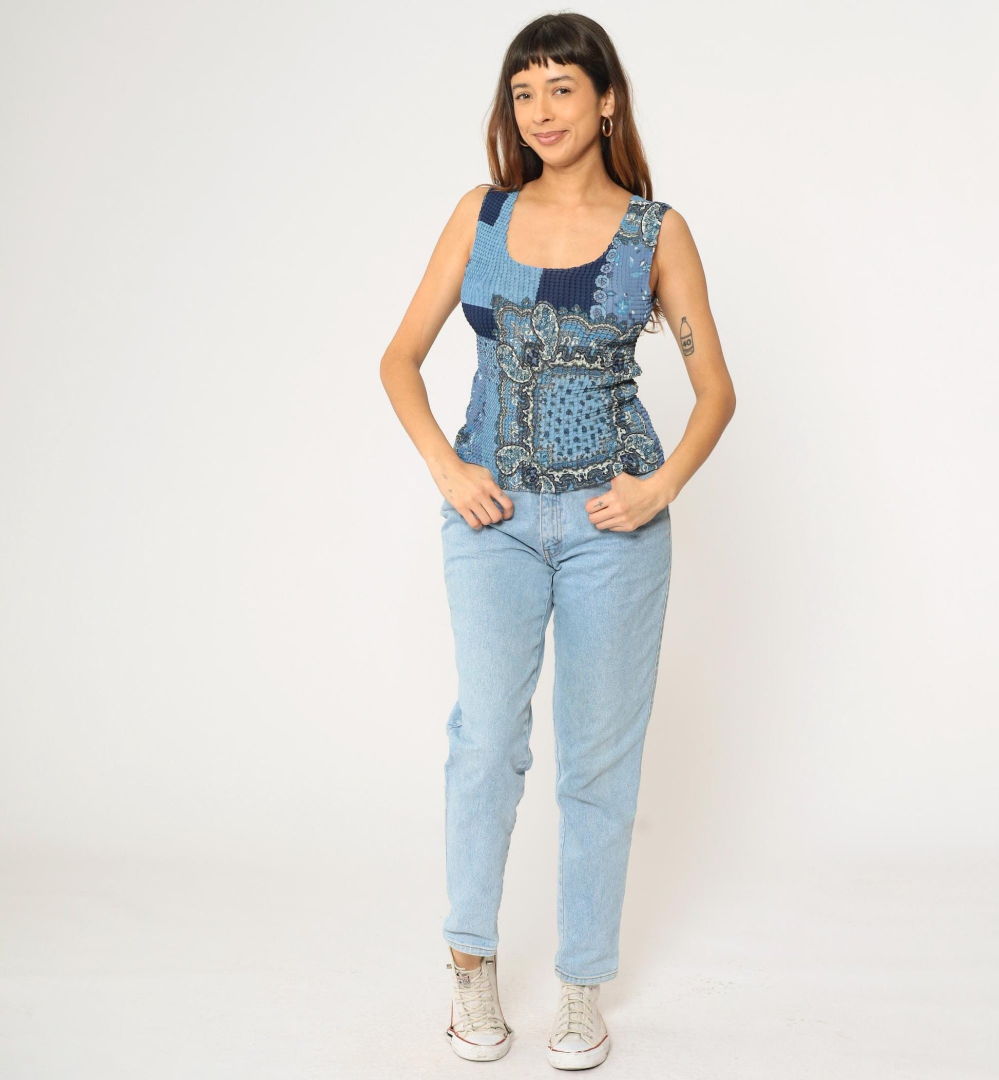 Y2K Paisley Patchwork Tank Top Blue Crinkle Textured Scoop Neck Large L
