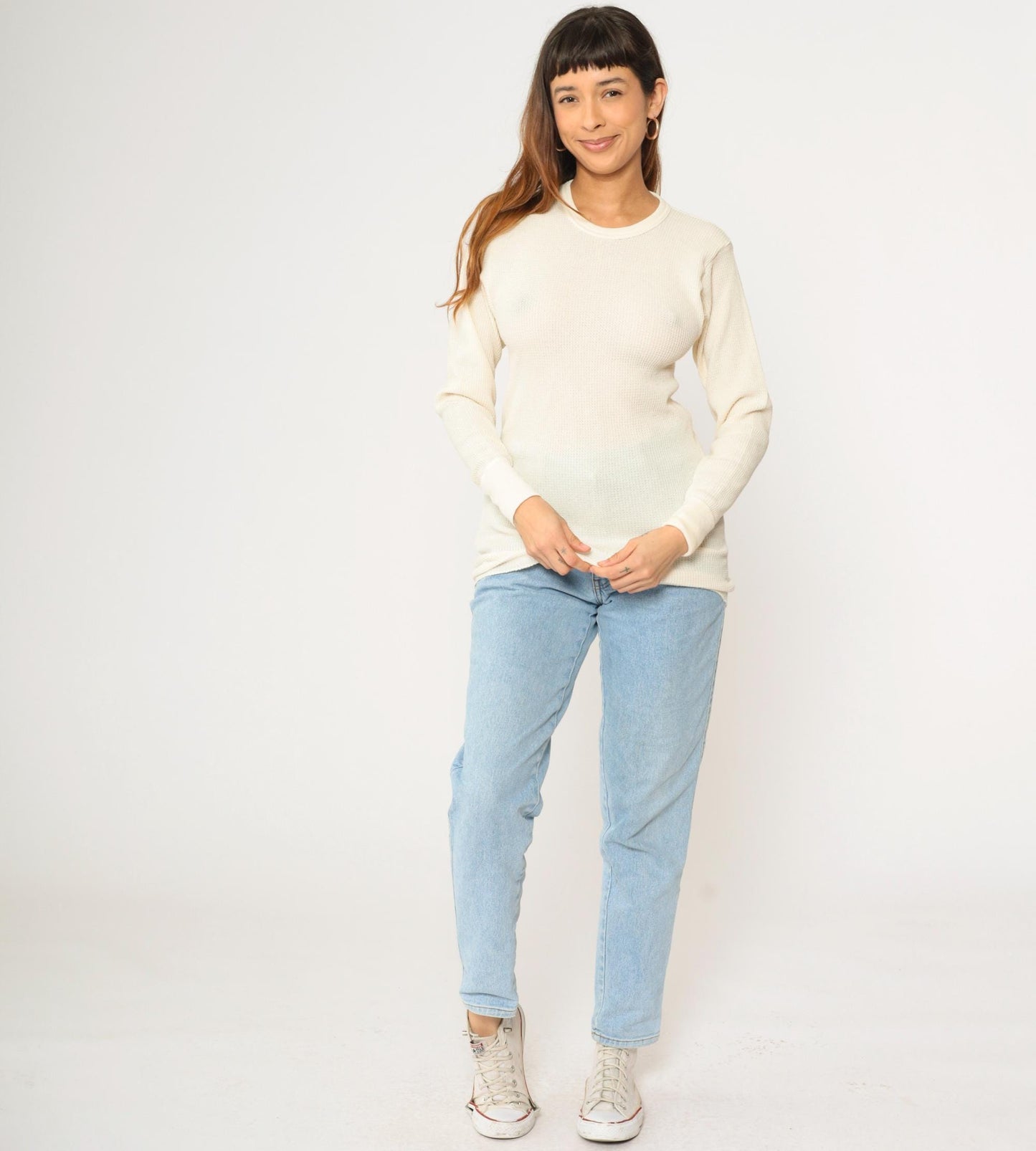 Y2K Hanes Cream Waffle Knit Thermal Long Sleeve Tee Medium M