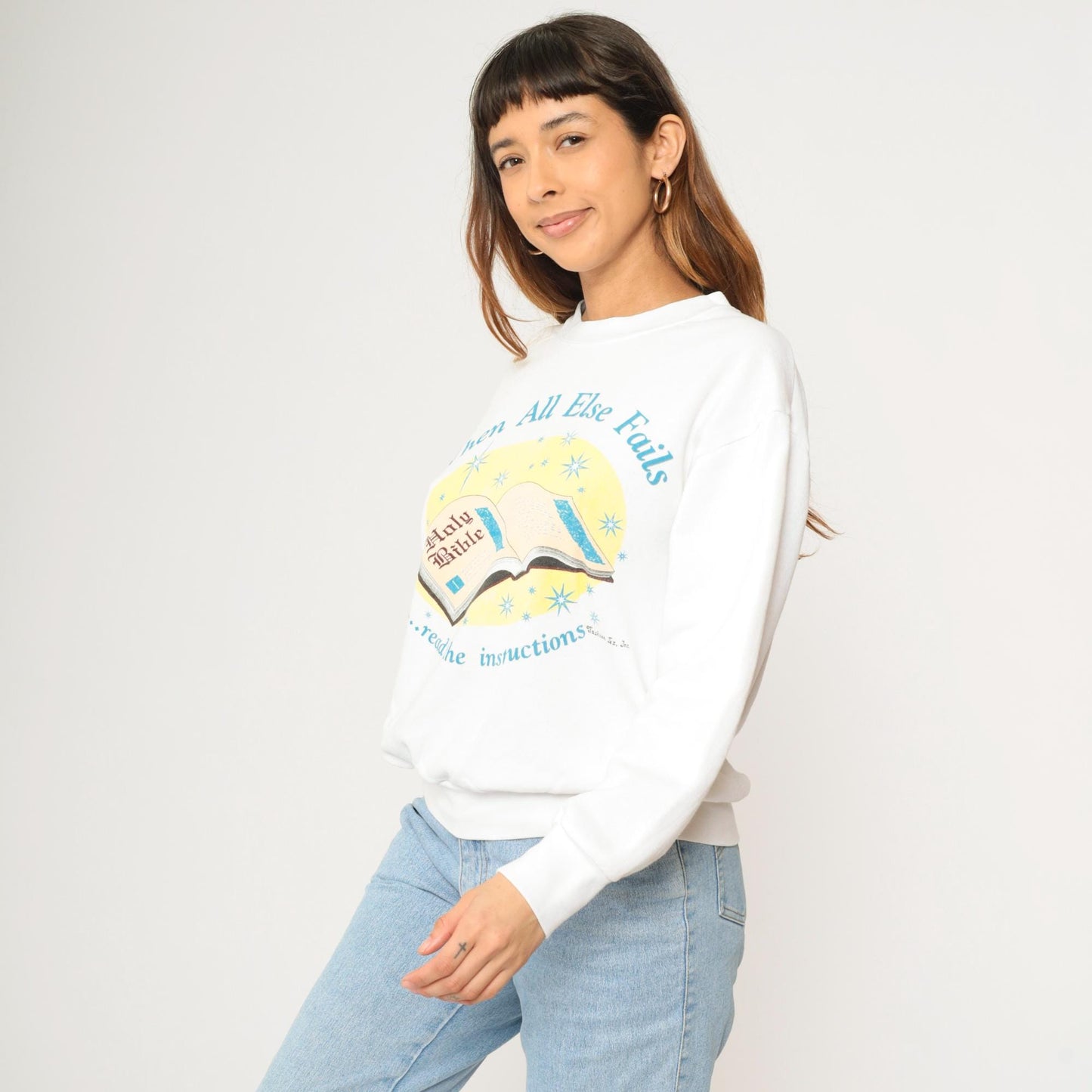 90s Christian Bible Sweatshirt When All Else Fails White Crewneck Large L