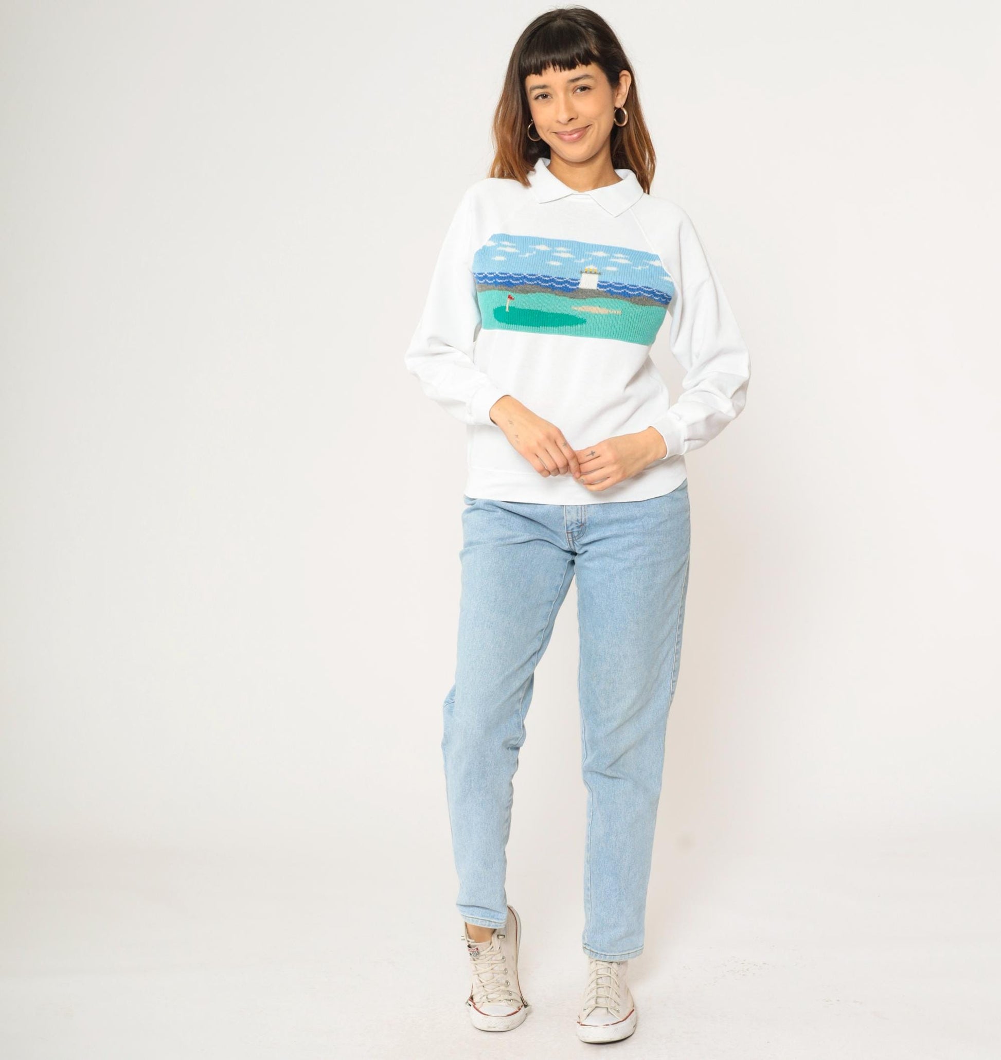 90s Hanes Golf Sweatshirt Lighthouse Scene Knit Panel White Small