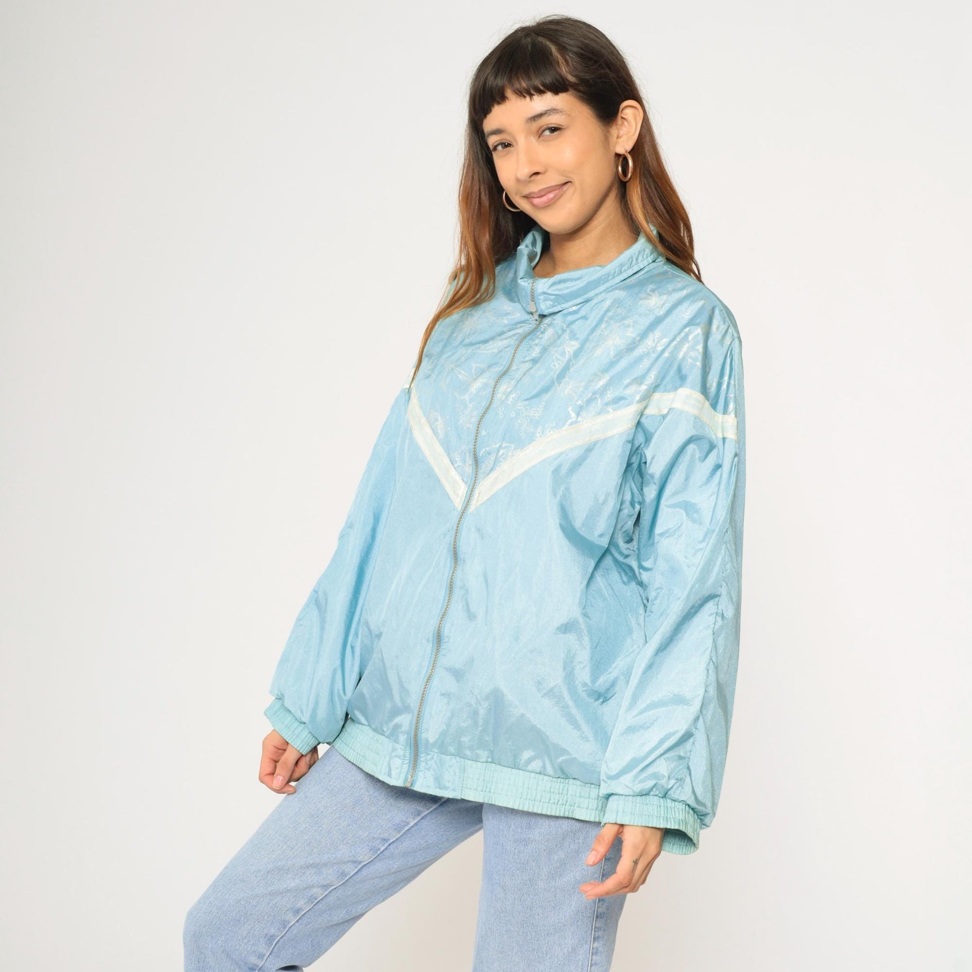 90s Forenza Windbreaker Jacket Light Blue Floral Chevron Stripe Nylon Large L
