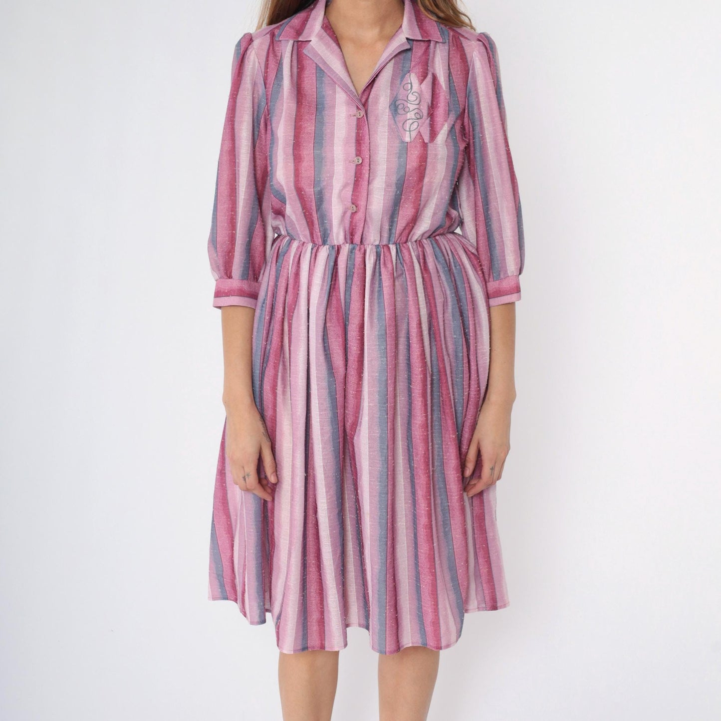 80s Pink Purple Striped Midi Shirtdress Embroidered Collar Button Up Medium M