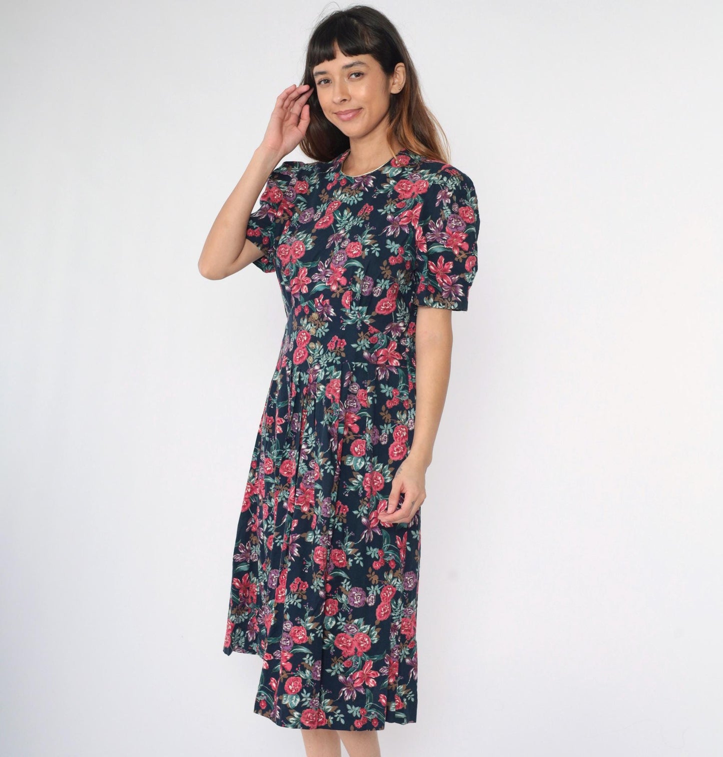 80s Navy Floral Midi Dress Puff Sleeve Basque Waist Smocked Back Medium Petite