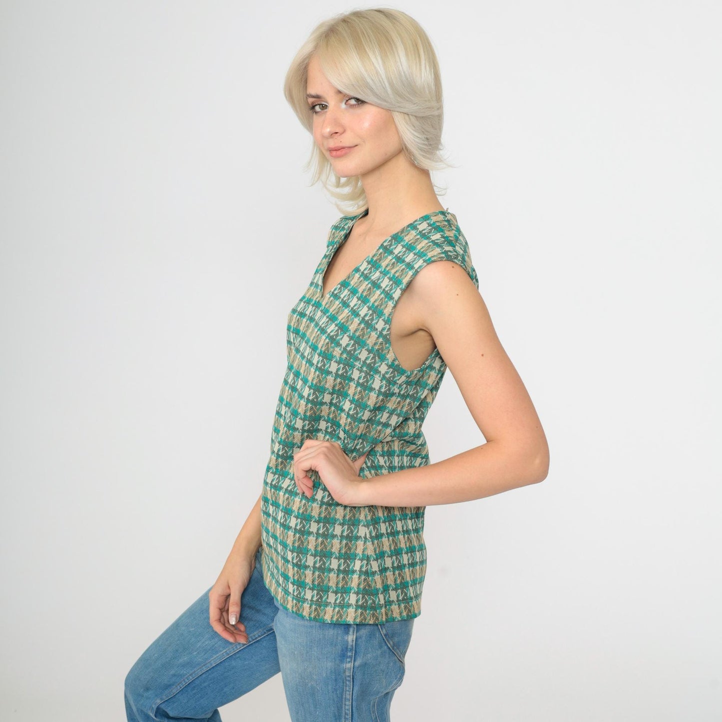 70s Plaid Tank Top Turquoise V-Neck Sleeveless Checkered Shirt Small