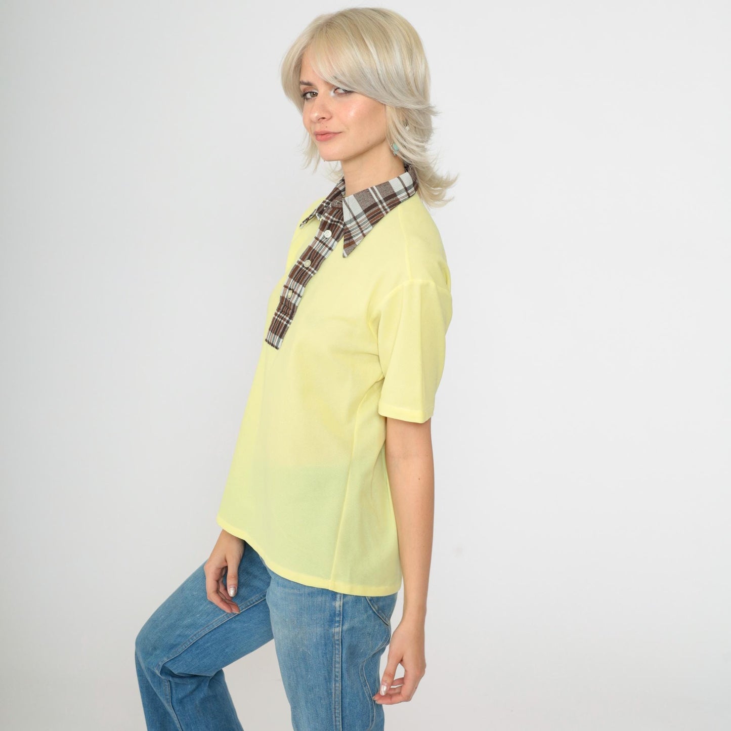 70s Yellow Polo Shirt Brown Checkered Collar Short Sleeve Medium