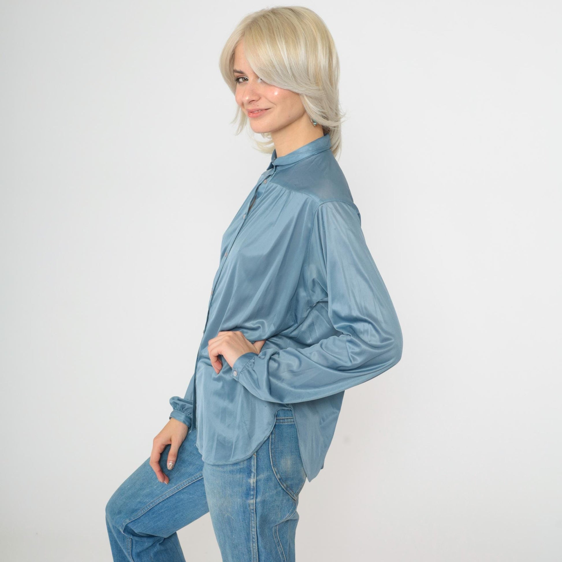 70s Blue Peter Pan Collar Button-Up Blouse Long Sleeve Large L