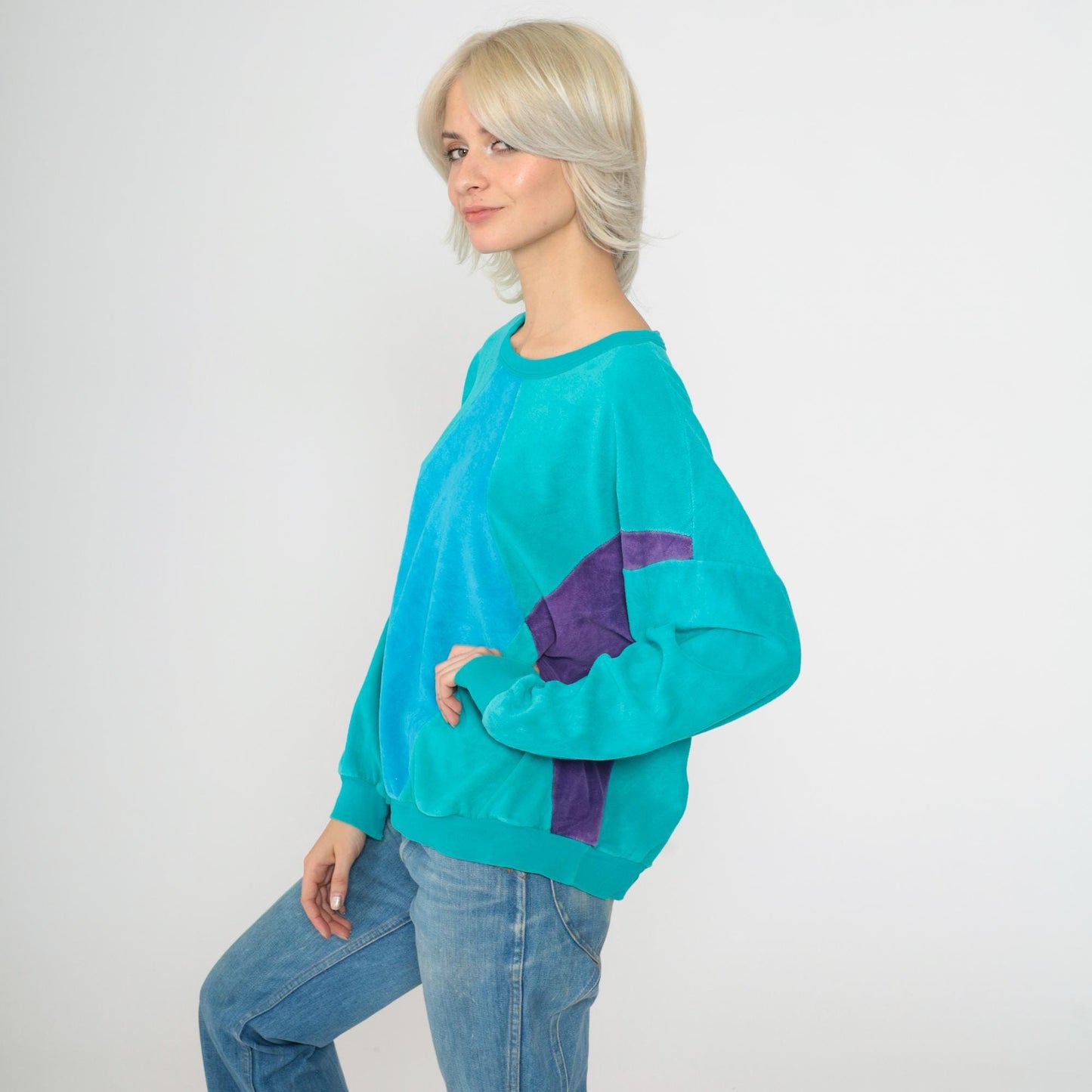 80s Turquoise Velour Sweatshirt Color Block Diamond Crewneck Large L