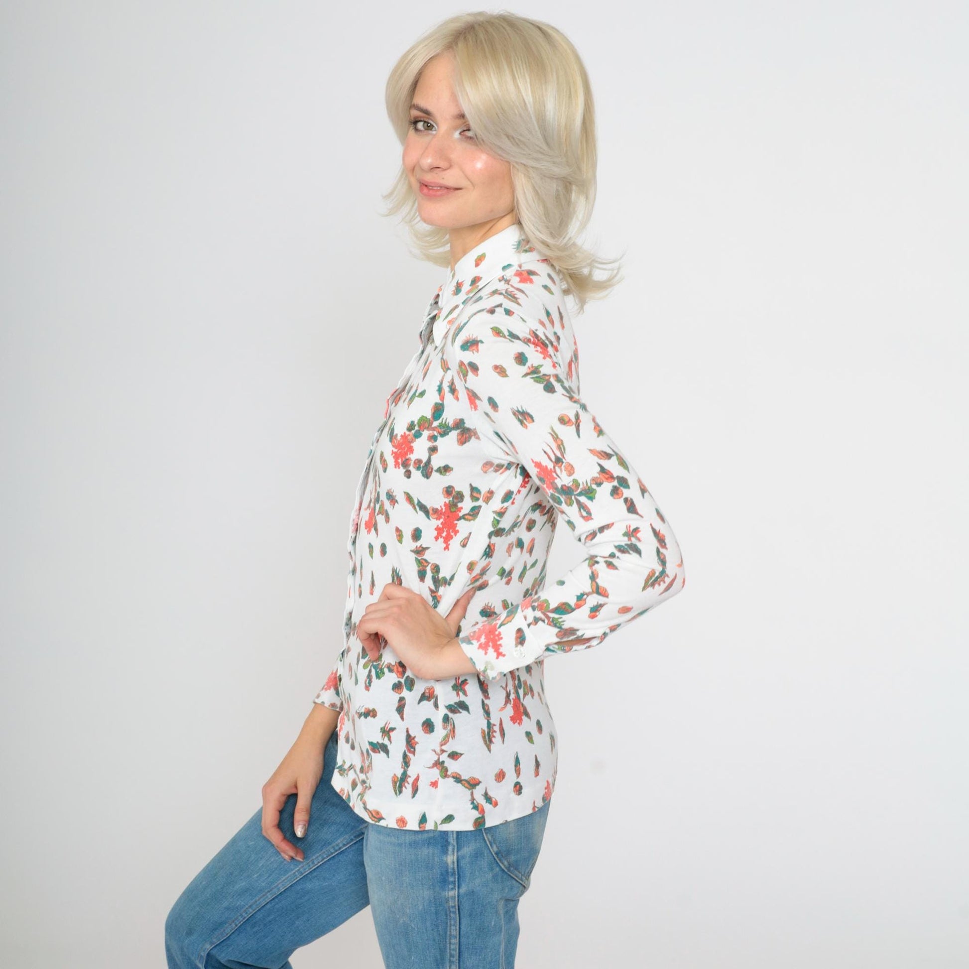 70s Seashell Print Button-Up Blouse White Novelty Shirt Long Sleeve Small