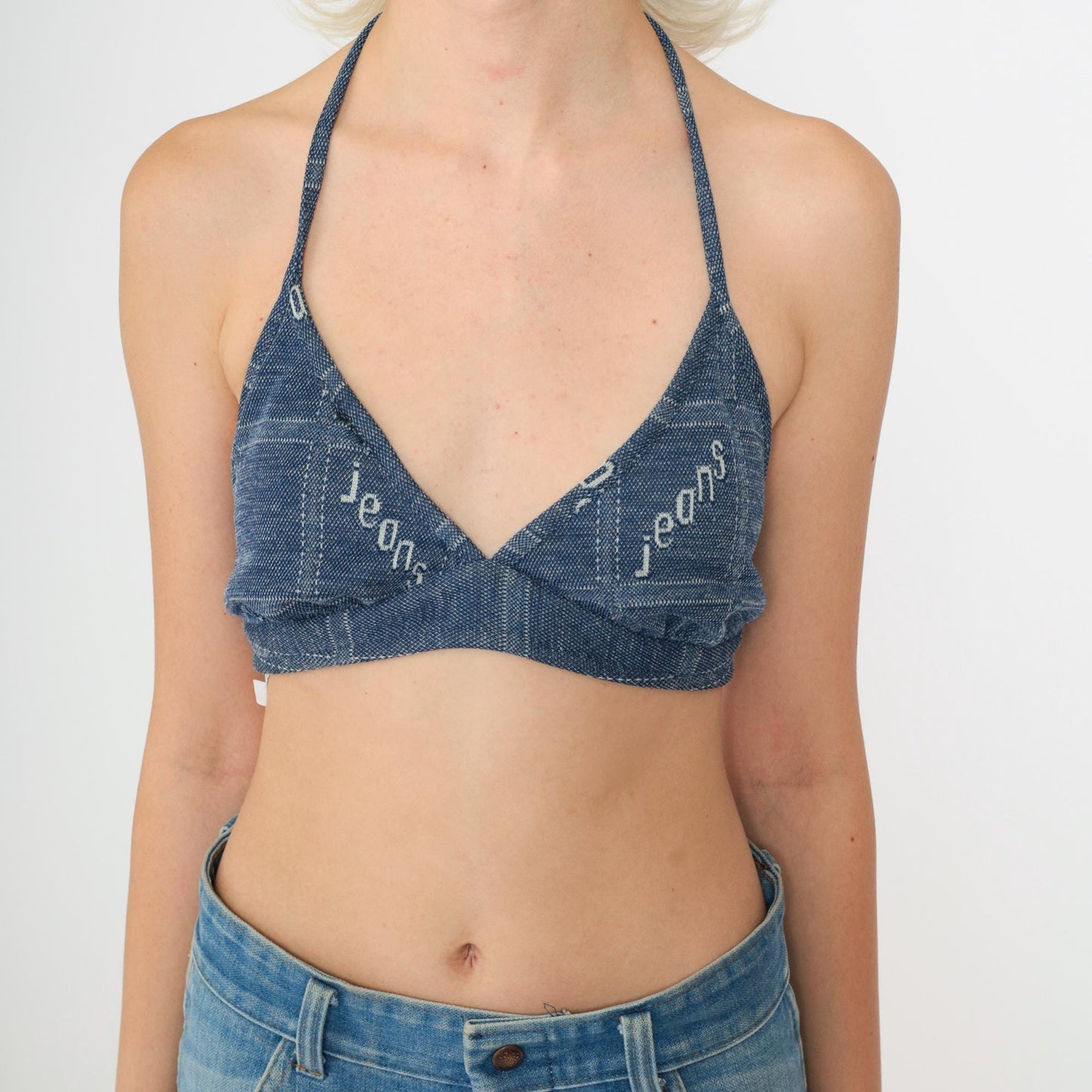 70s Blue Halter Triangle Bikini Top Jeans Print Medium