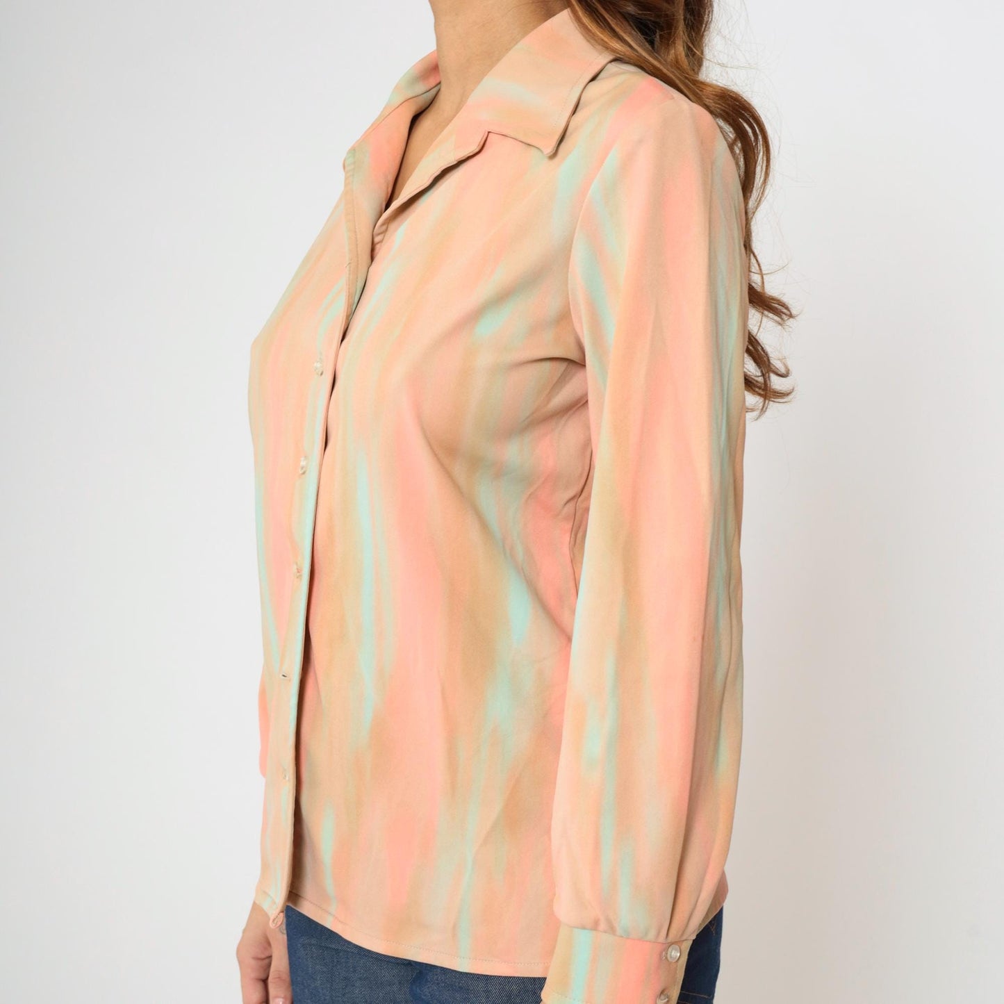 70s Jeanne Durell Abstract Print Button-Up Blouse Peach Aqua Large L