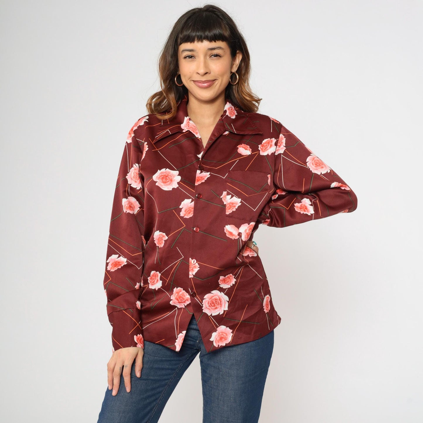 70s Triumph of California Floral Geometric Striped Button Up Shirt Maroon Medium