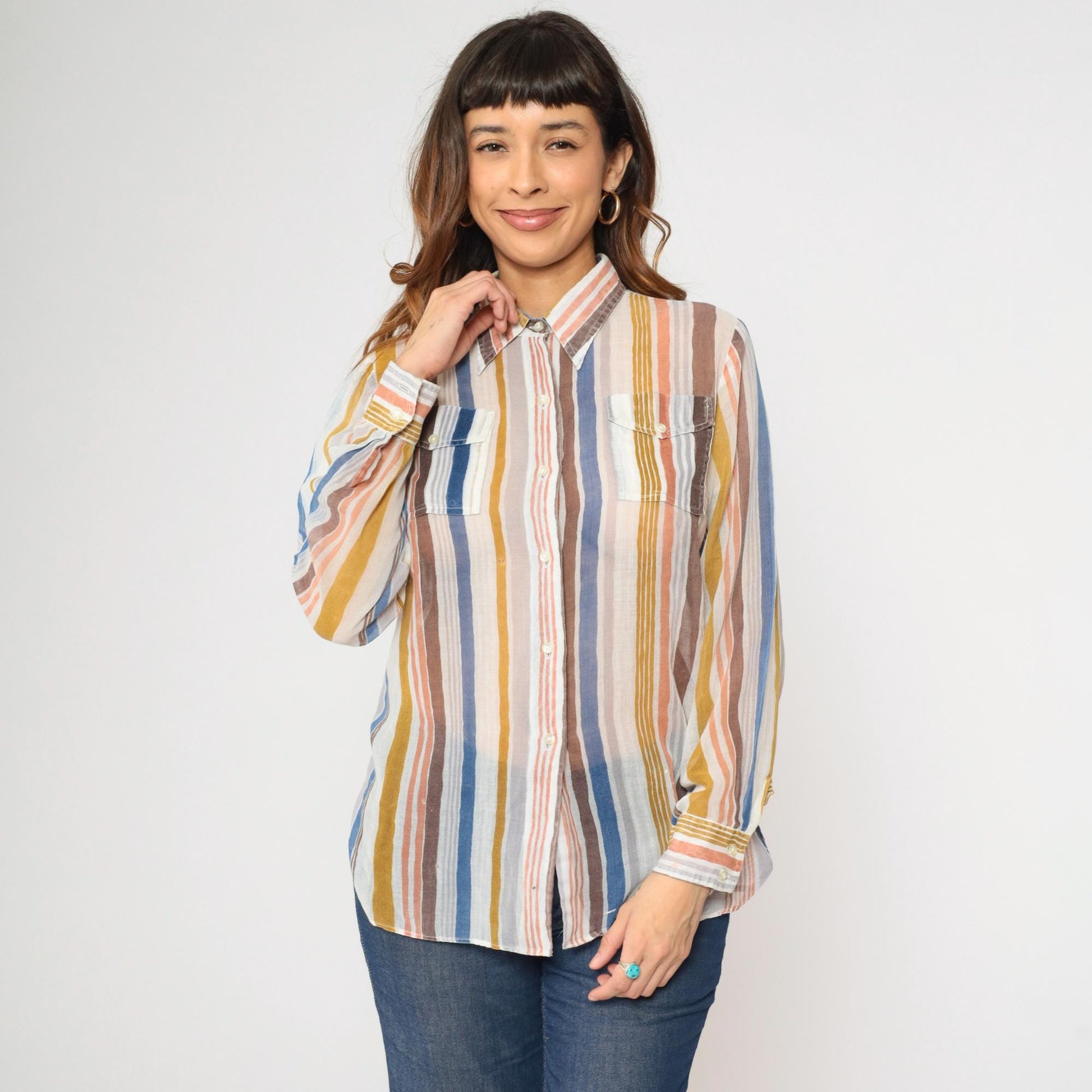 70s Tannerway Striped Button Up Shirt Sheer Earth Tone Long Sleeve Large