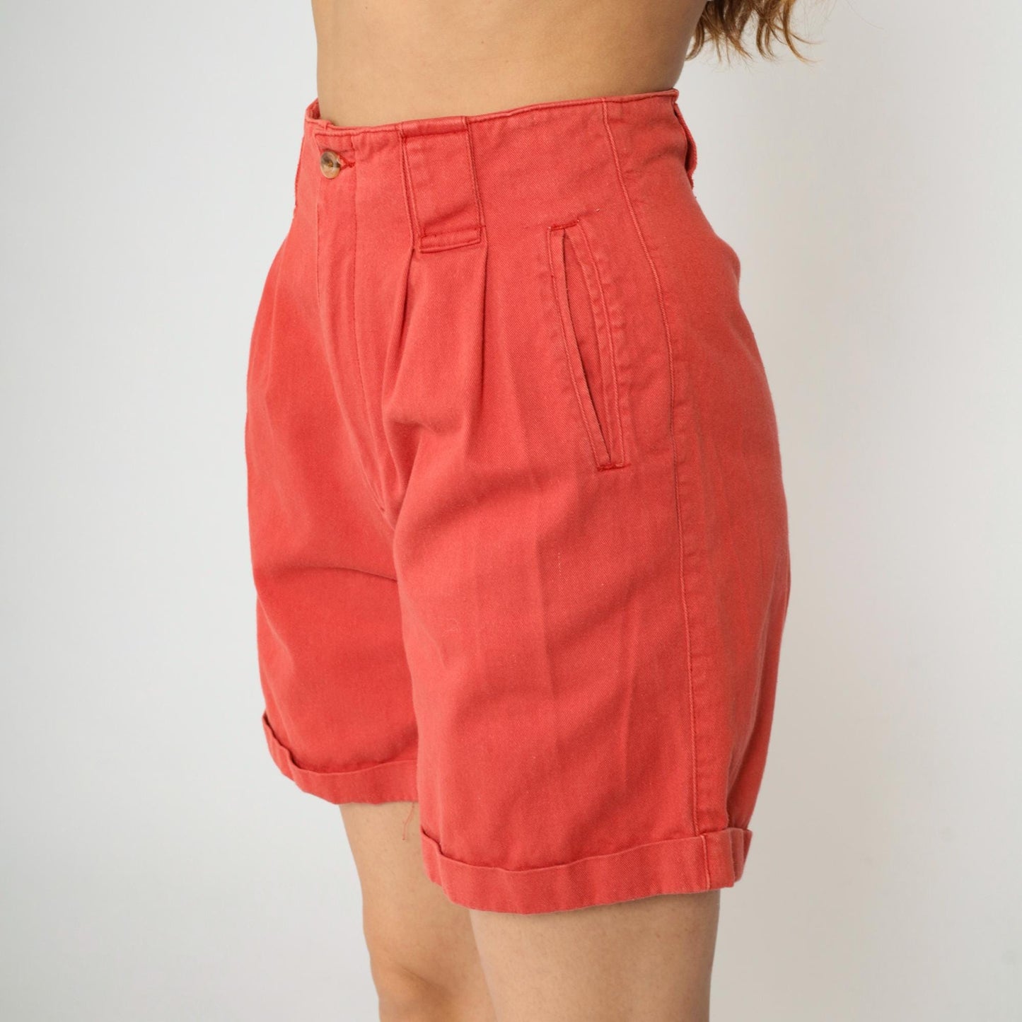 80s Points West Red Cotton Pleated Shorts High Waist Cuffed Small