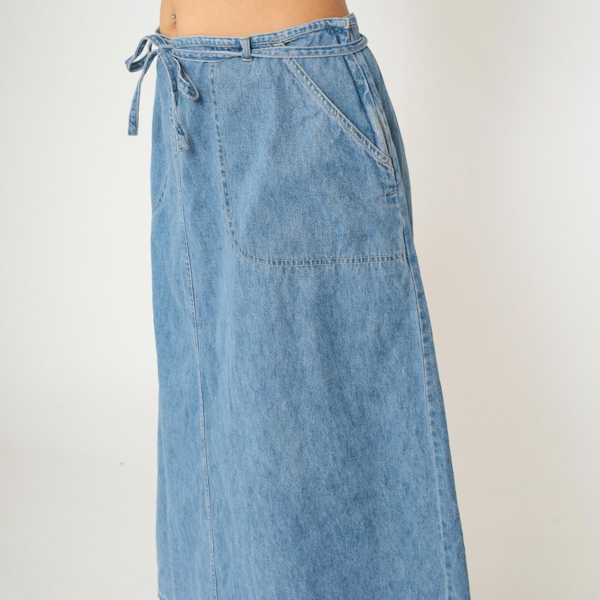 90s St. John's Bay Denim Cargo Maxi Skirt Blue High Waist Tie Closure Size 16W