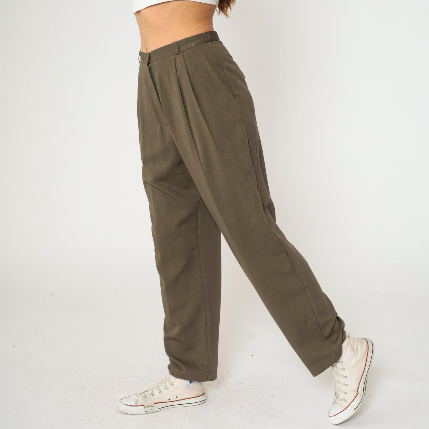 90s Brown Pleated High-Waist Trousers Tapered Leg Medium M