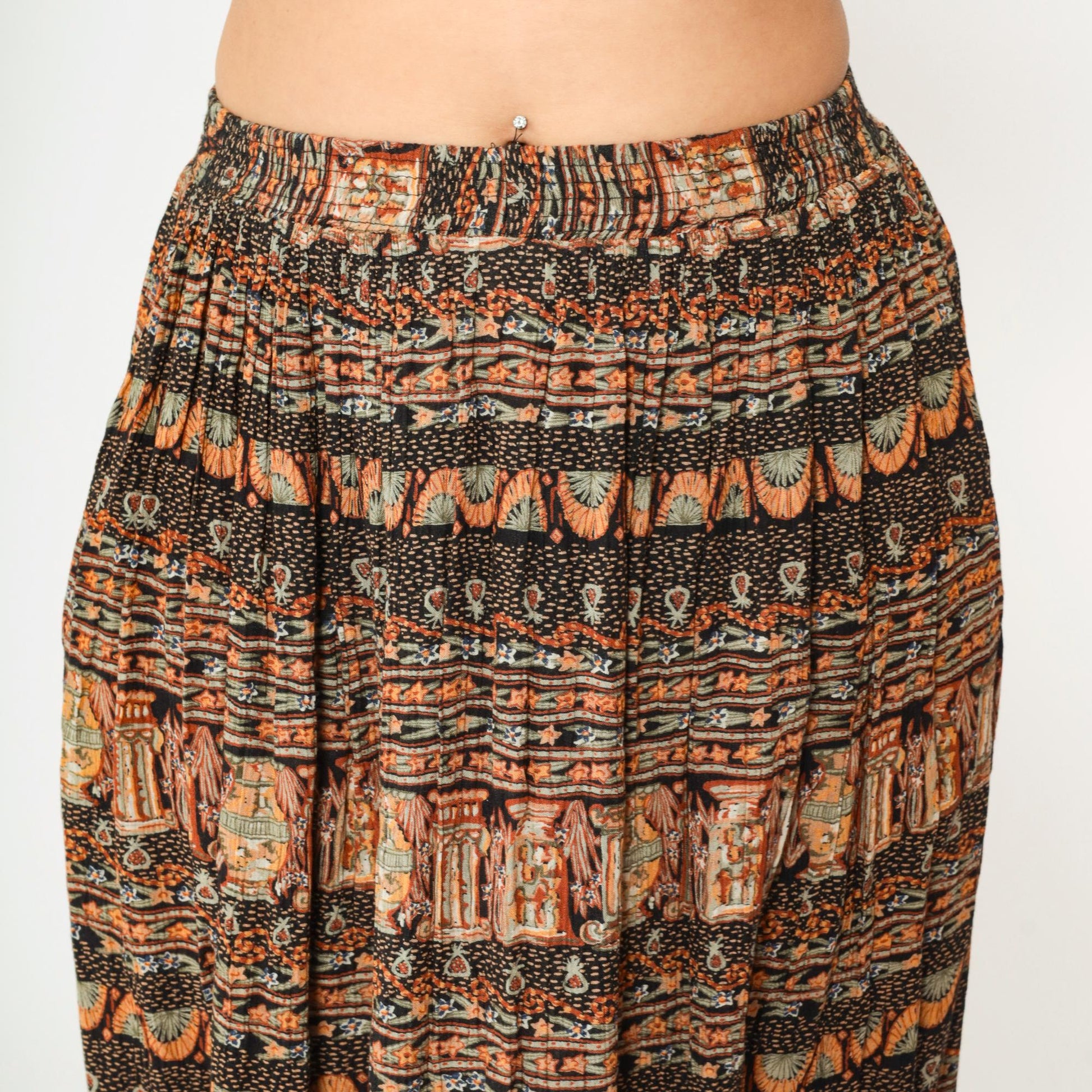 90s Broomstick Midi Skirt Black Orange Vase Print Crinkle Rayon Medium M