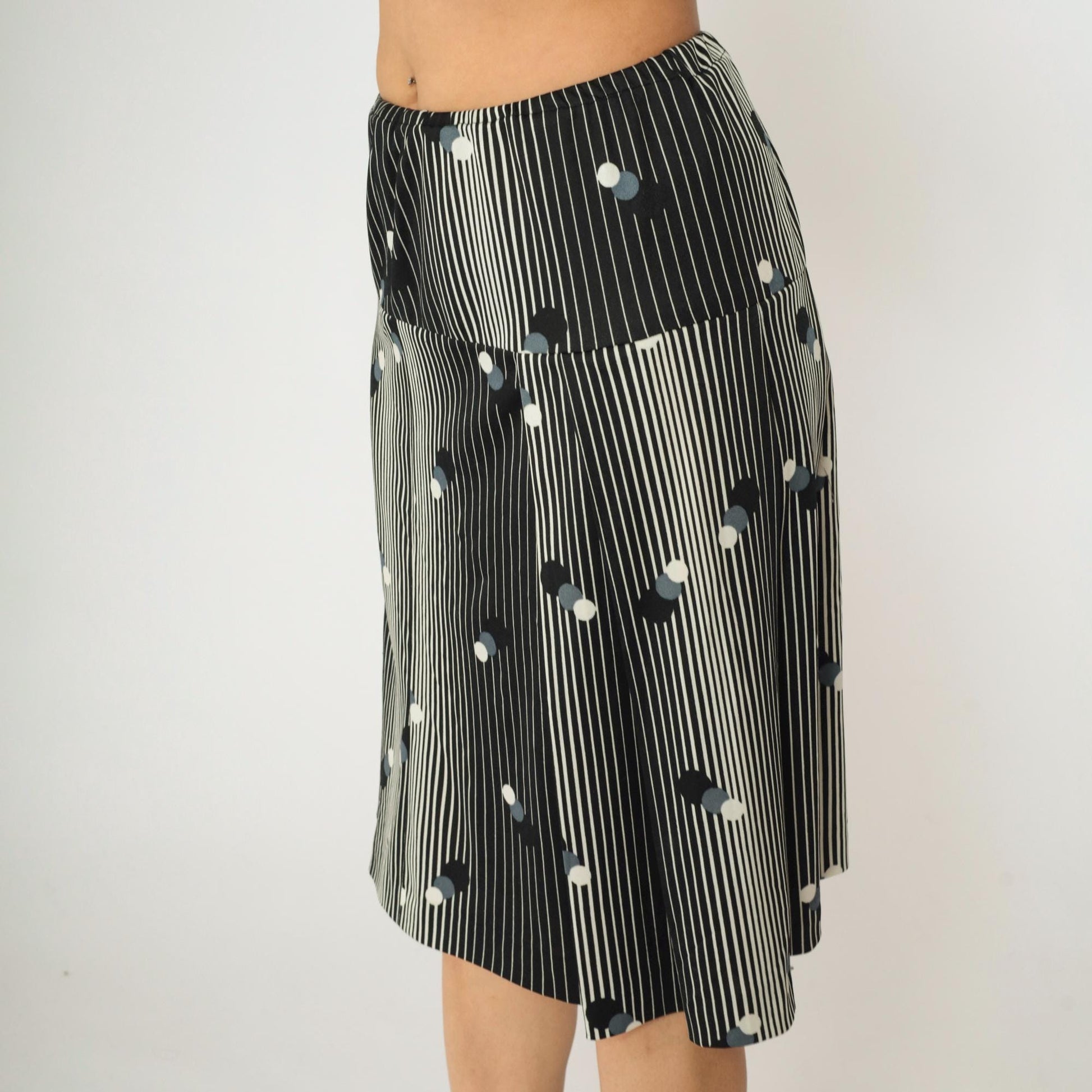 70s Black White Striped Polka Dot Mod Skirt High Waist A-Line Knee Length Small Medium