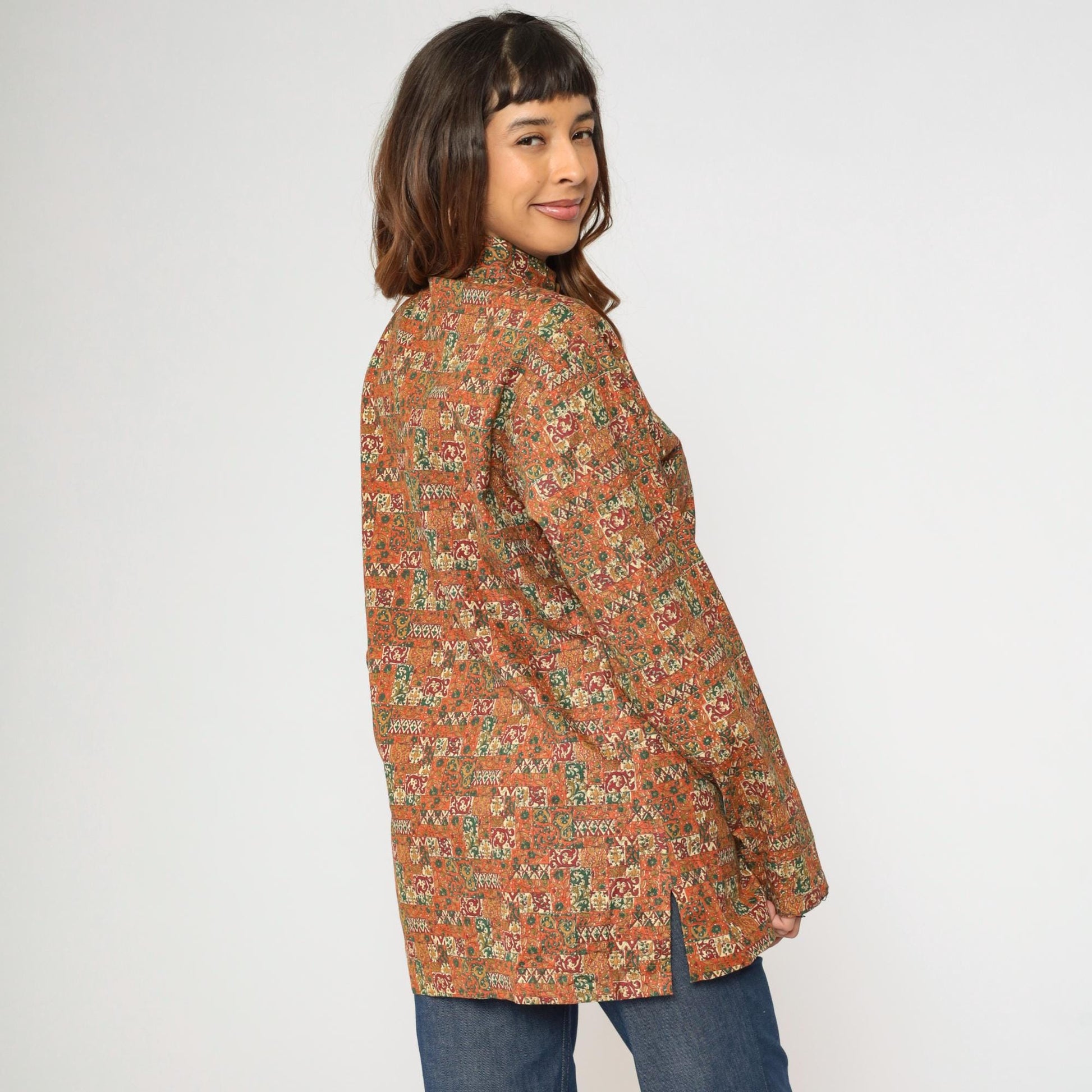 70s Patchwork Floral Stand Collar Tunic Shirt Orange Button Up Medium