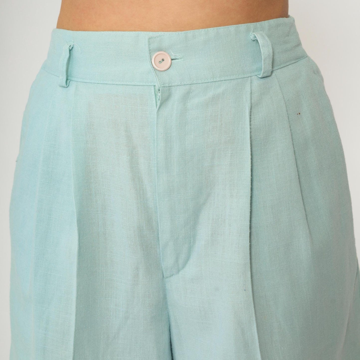 80s Light Blue Pleated High-Waist Shorts Linen Blend Wide Leg Small