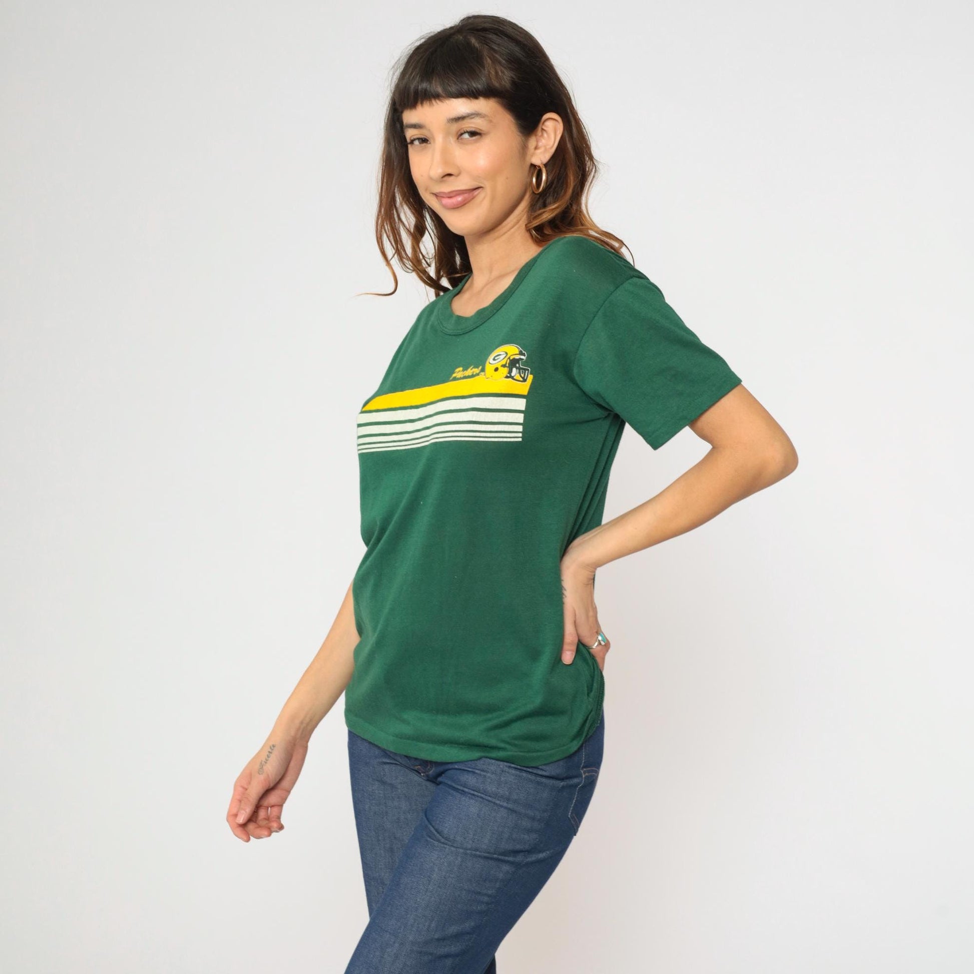 80s Green Bay Packers Graphic T-Shirt Deep Green Striped NFL Football Tee Large