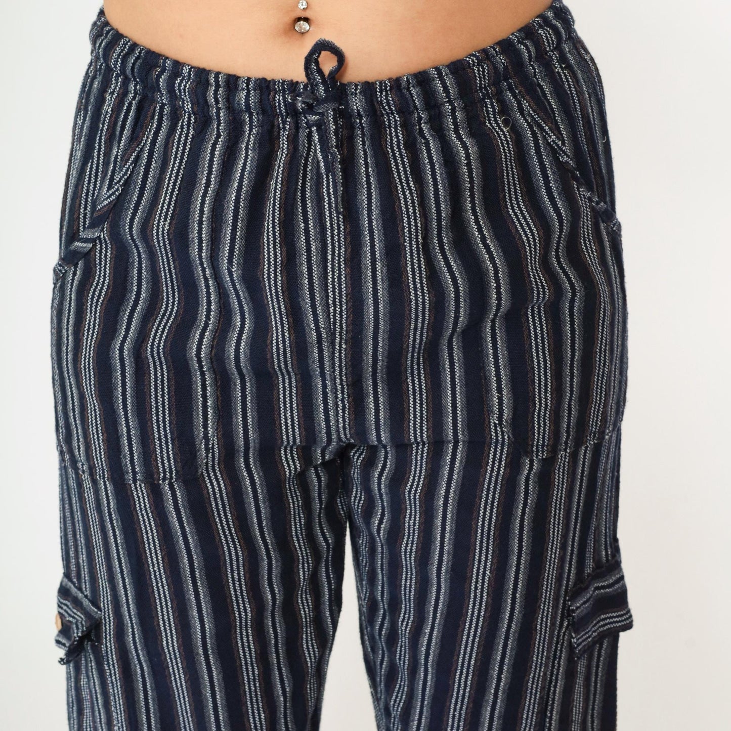 Ecuadorian Striped Navy Cargo Pants Elastic Drawstring Cropped Extra Small