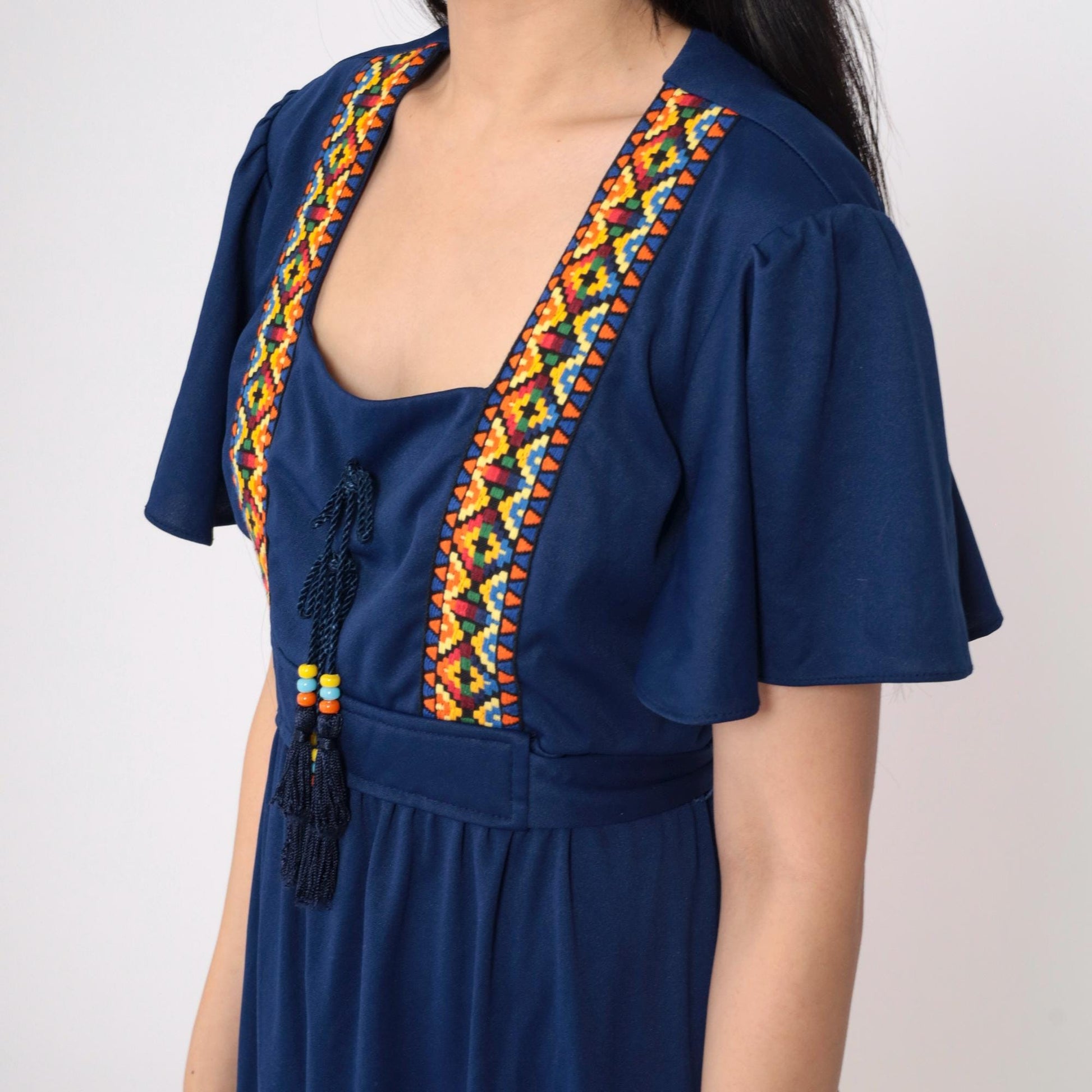 70s Navy Southwestern Empire Waist Mini Dress Flutter Sleeve Medium Large
