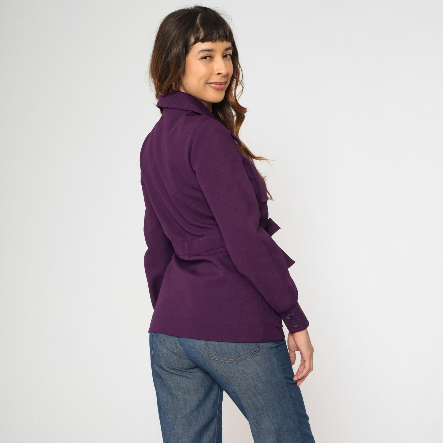 70s Purple Safari Jacket Wide Collar Belted Utility Pockets Small