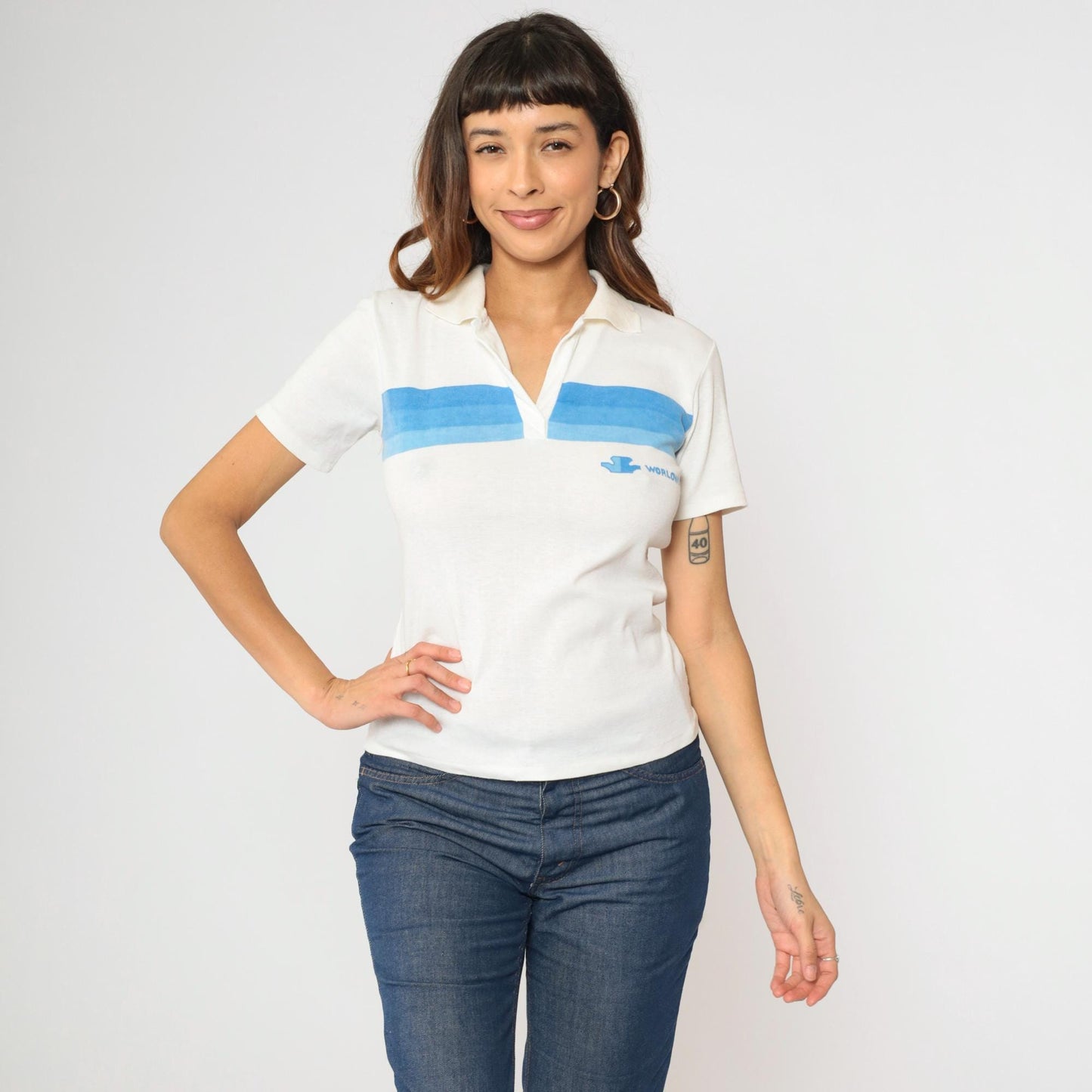80s Worlowin Gradient Striped Polo Shirt White Blue Johnny Collar Small S