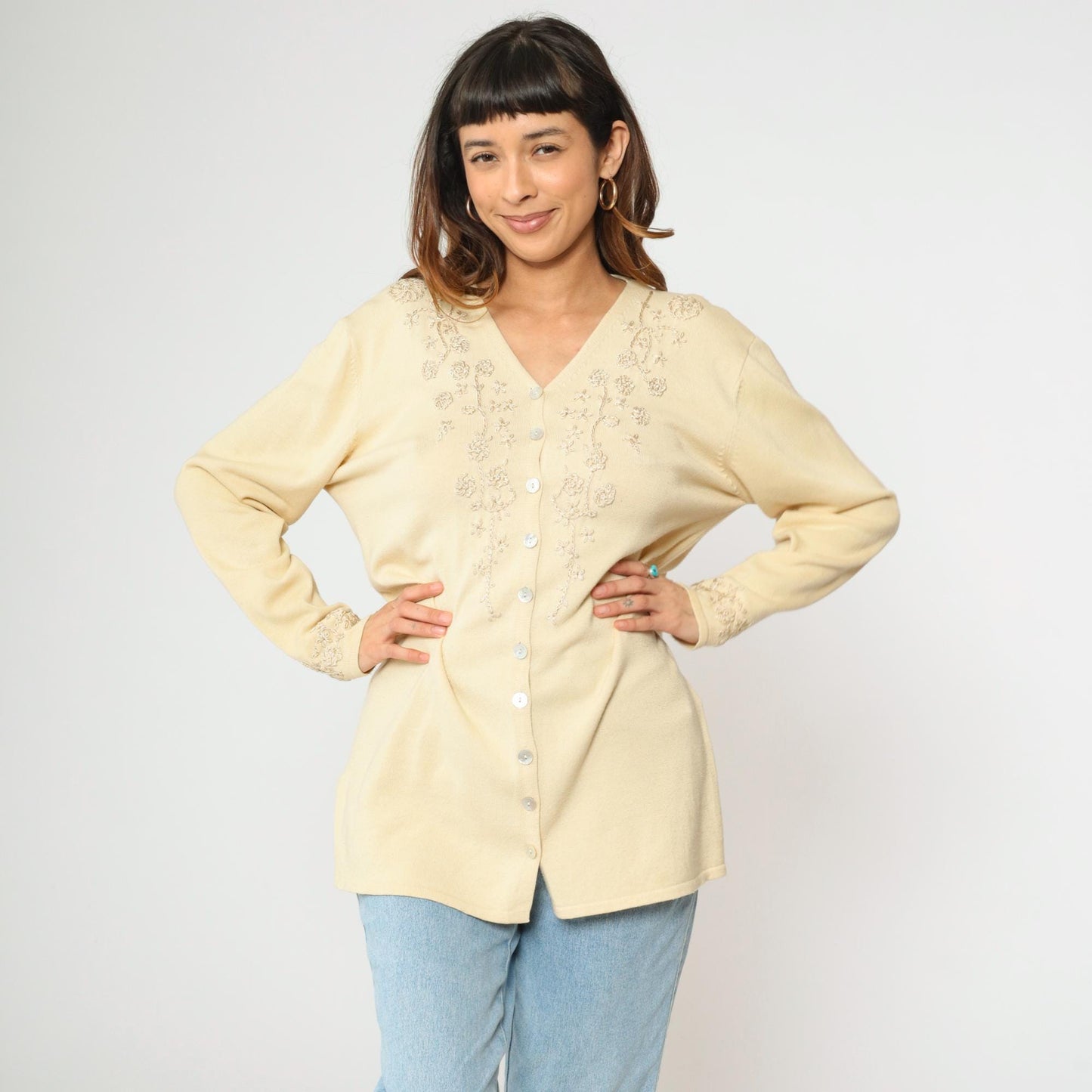 90s Cream Floral Embroidered Cardigan Sweater Longline V Neck Large L