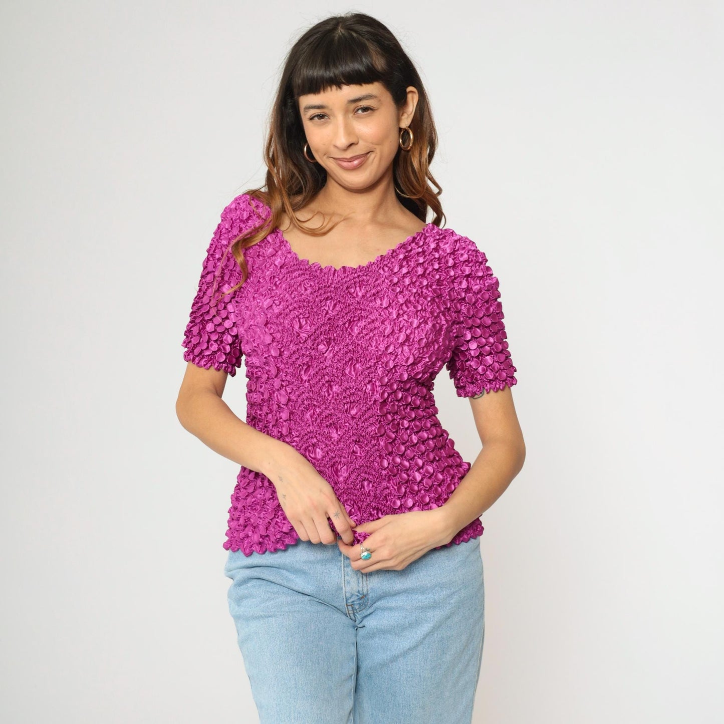 Y2K Magenta Popcorn Textured Short Sleeve Top One Size
