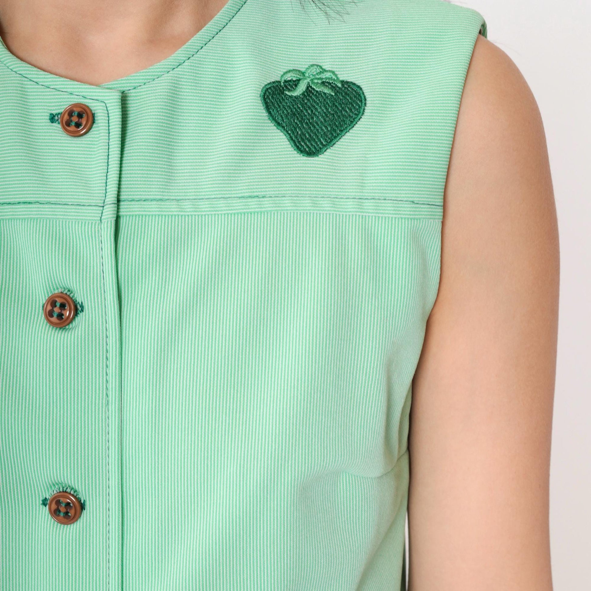 70s Mod Strawberry Shift Dress Green Mini Sleeveless Button Up Small