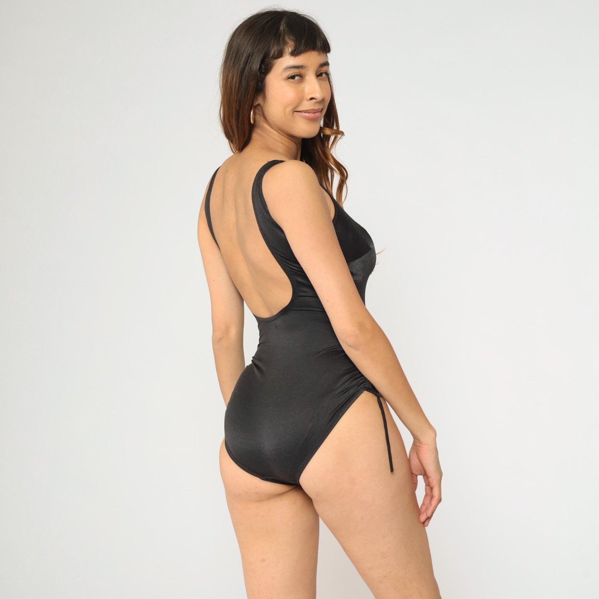 80s Montgomery Ward Black Nylon One-Piece Swimsuit Deep V Ruched Medium Large
