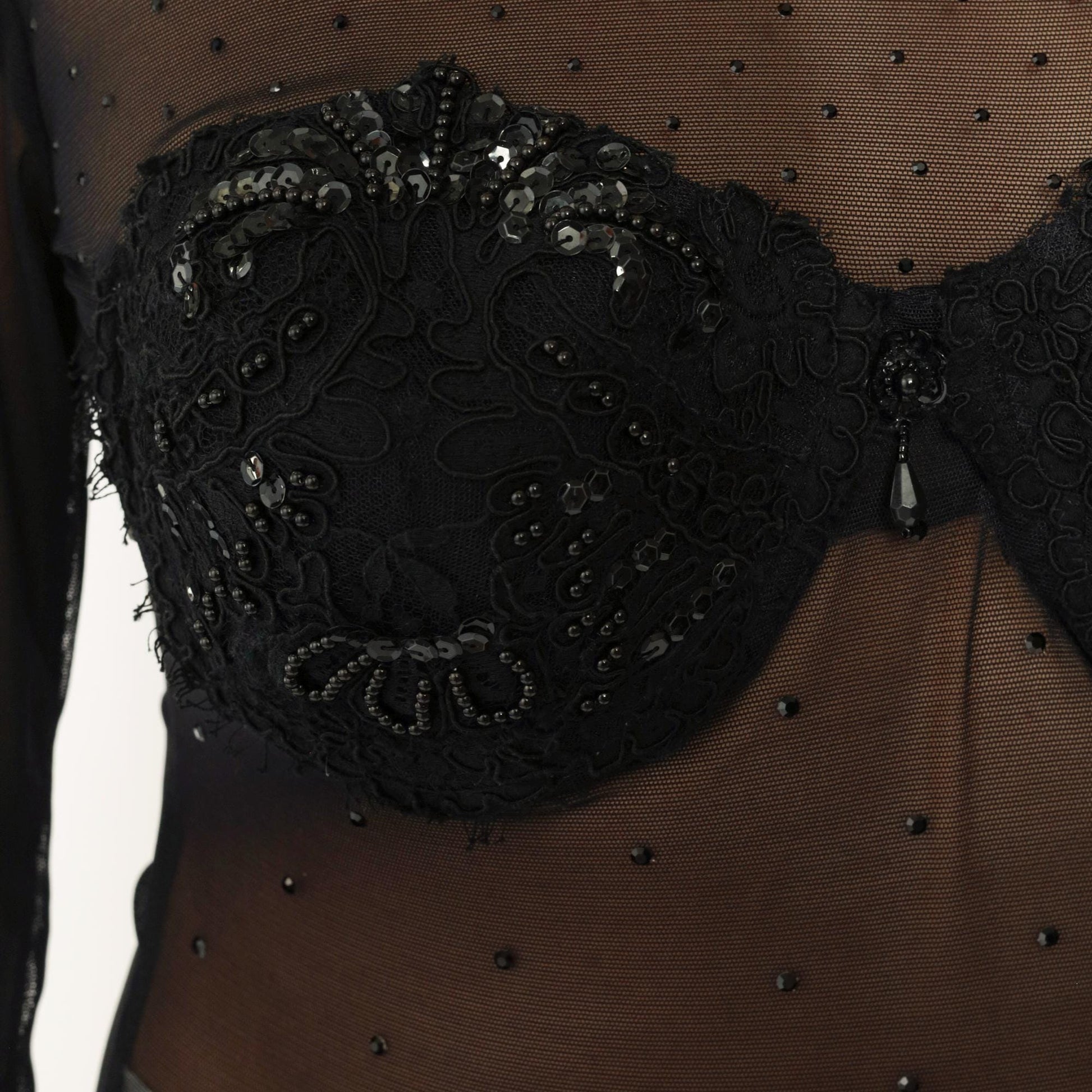 90s Black Mesh Sequin Bustier Bodysuit Long Sleeve High Cut Large